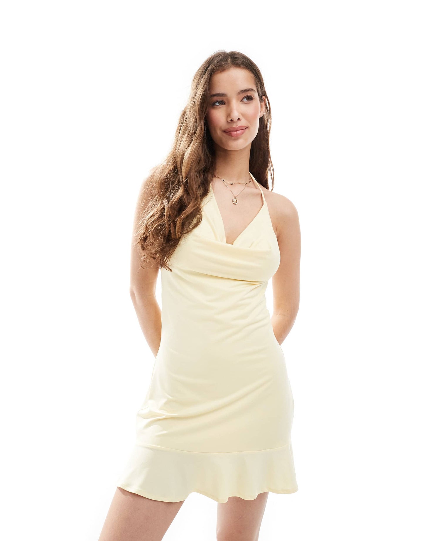 Pull&Bear cowl halterneck mini dress in pale yellow