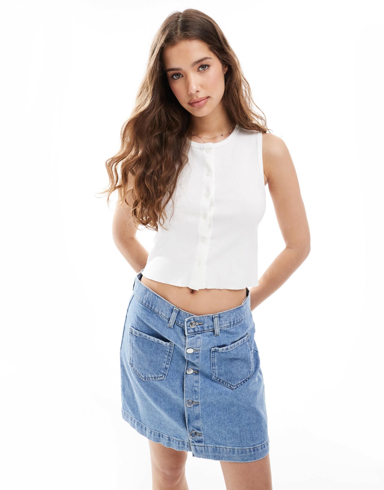 Pull&Bear button through vest top in white