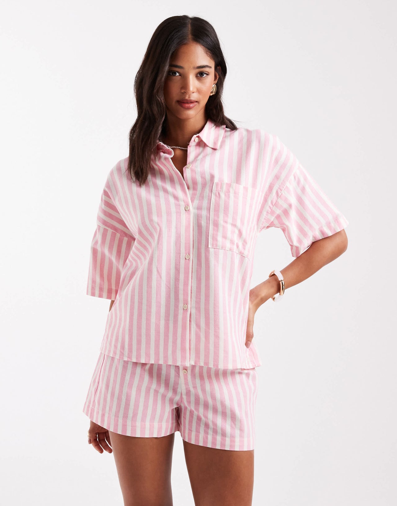 Pull&Bear oversized short sleeve shirt co-ord in pink stripe