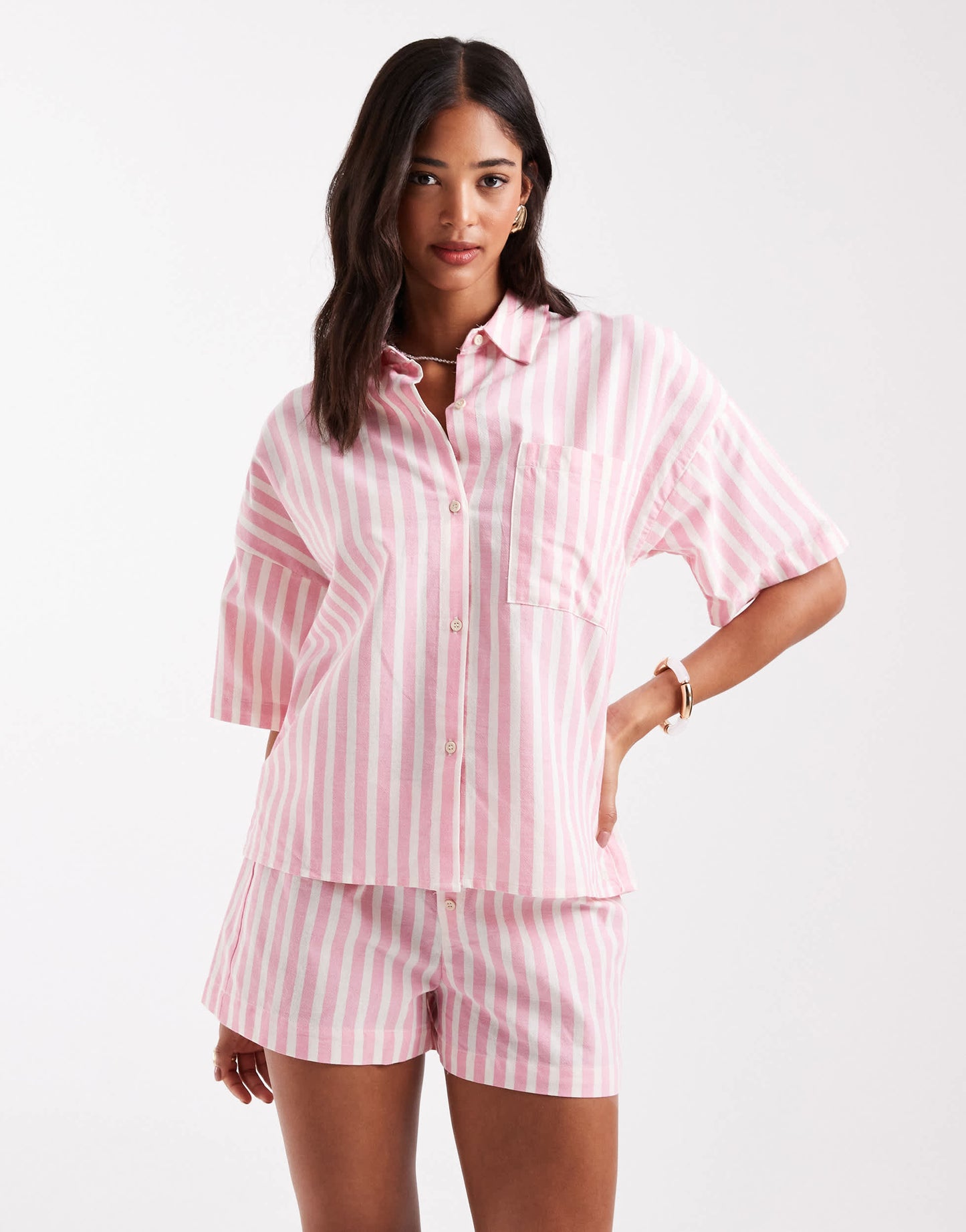 Pull&Bear oversized short sleeve shirt co-ord in pink stripe