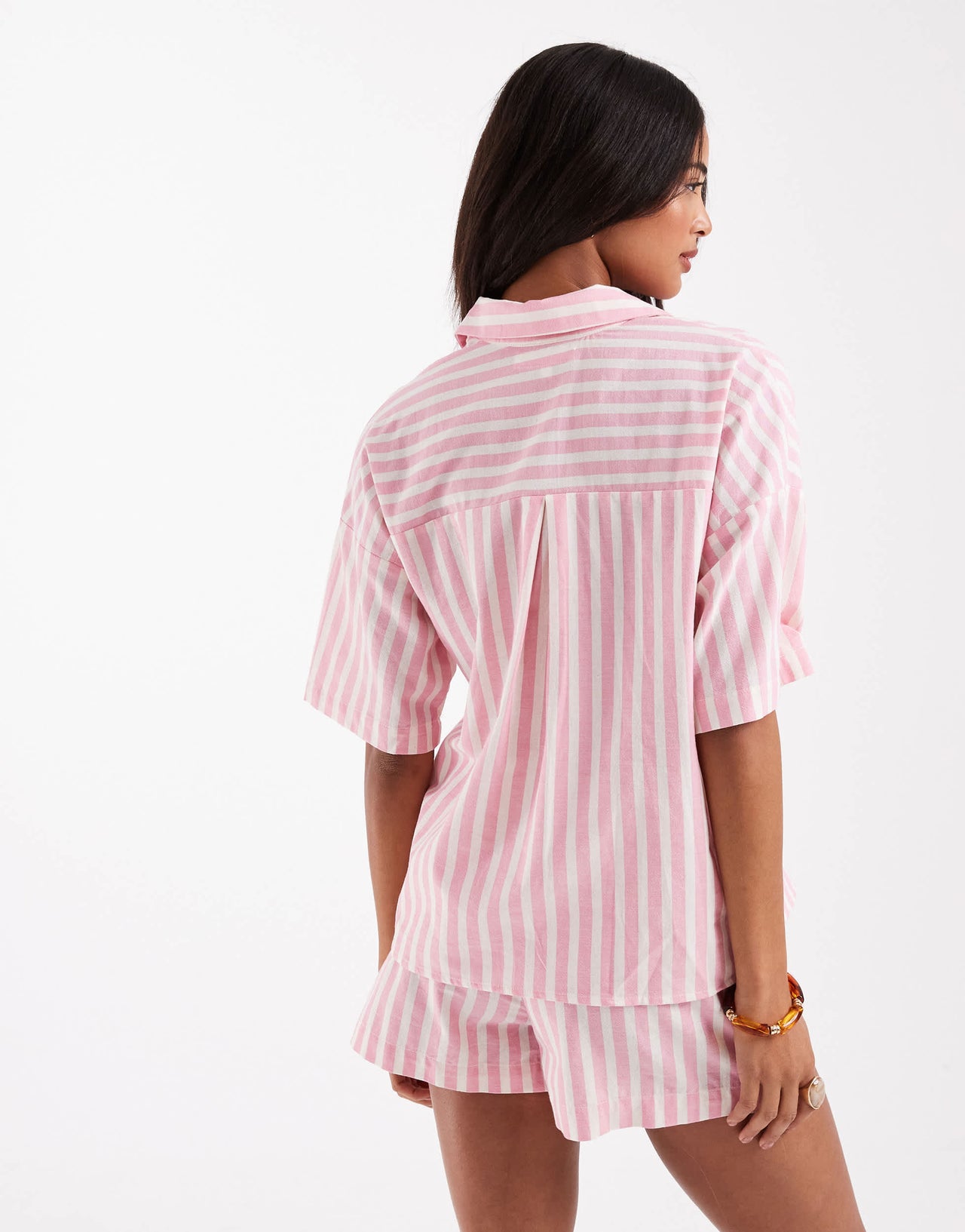Pull&Bear oversized short sleeve shirt co-ord in pink stripe