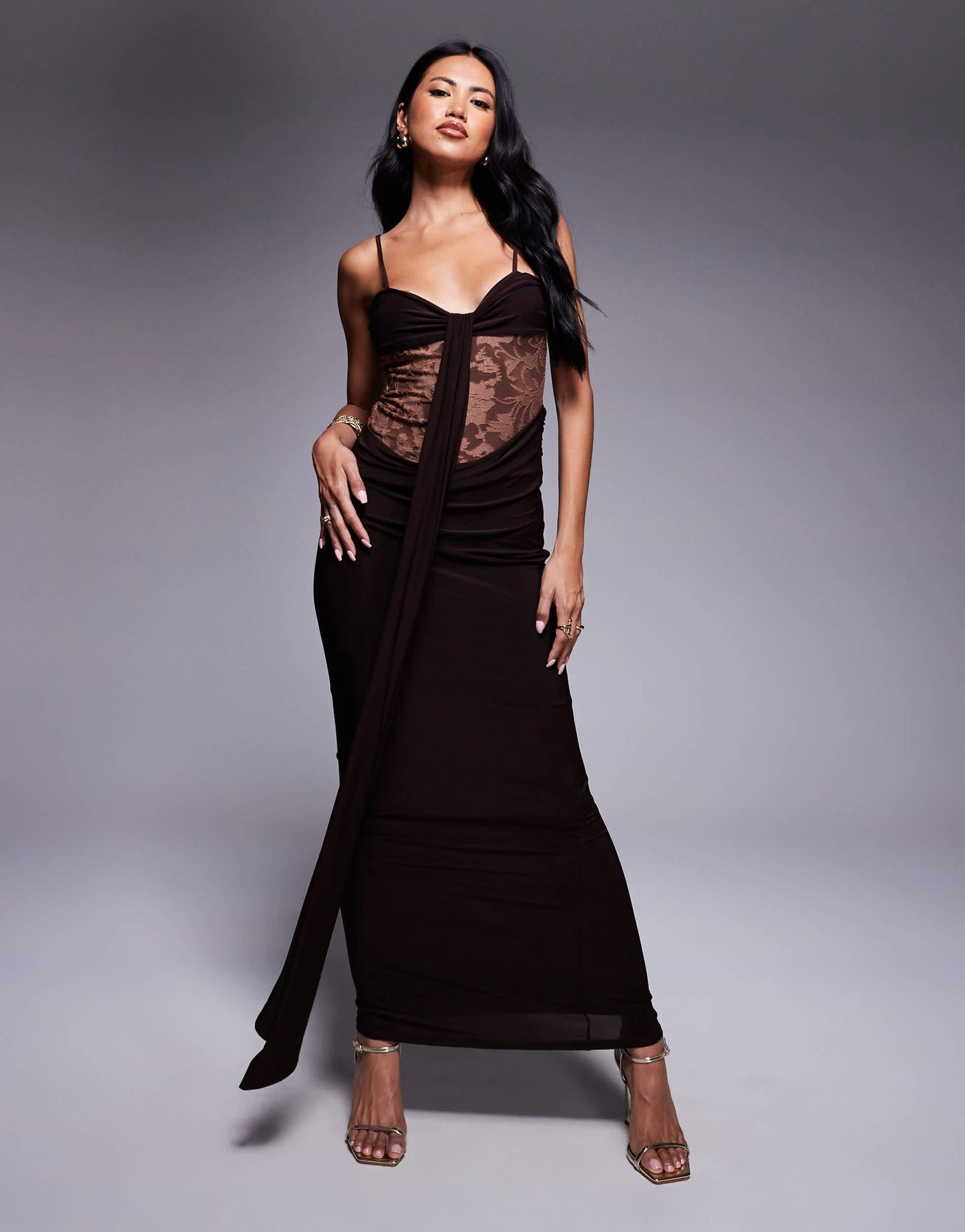 ASOS DESIGN devore hybrid slinky maxi dress in chocolate