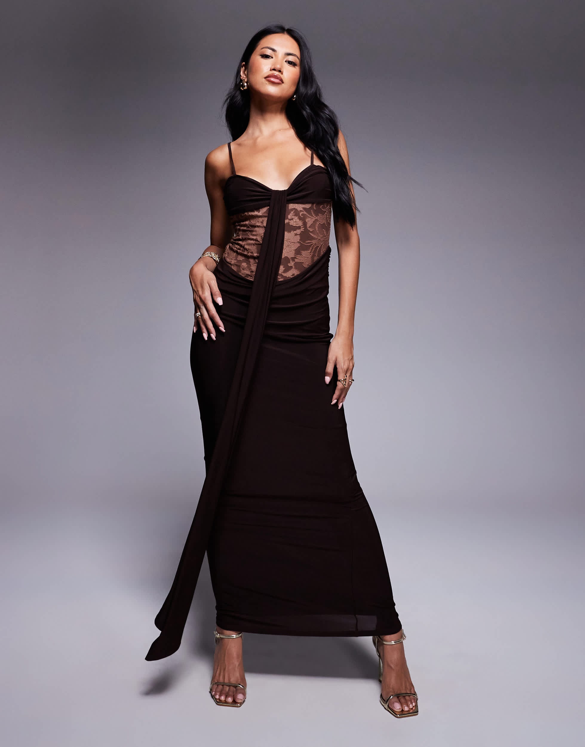 ASOS DESIGN devore hybrid slinky maxi dress in chocolate