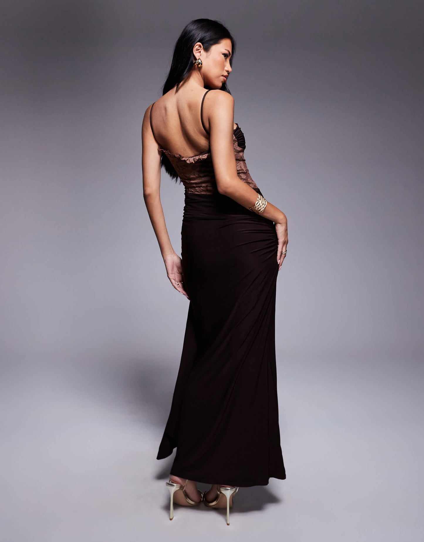 ASOS DESIGN devore hybrid slinky maxi dress in chocolate