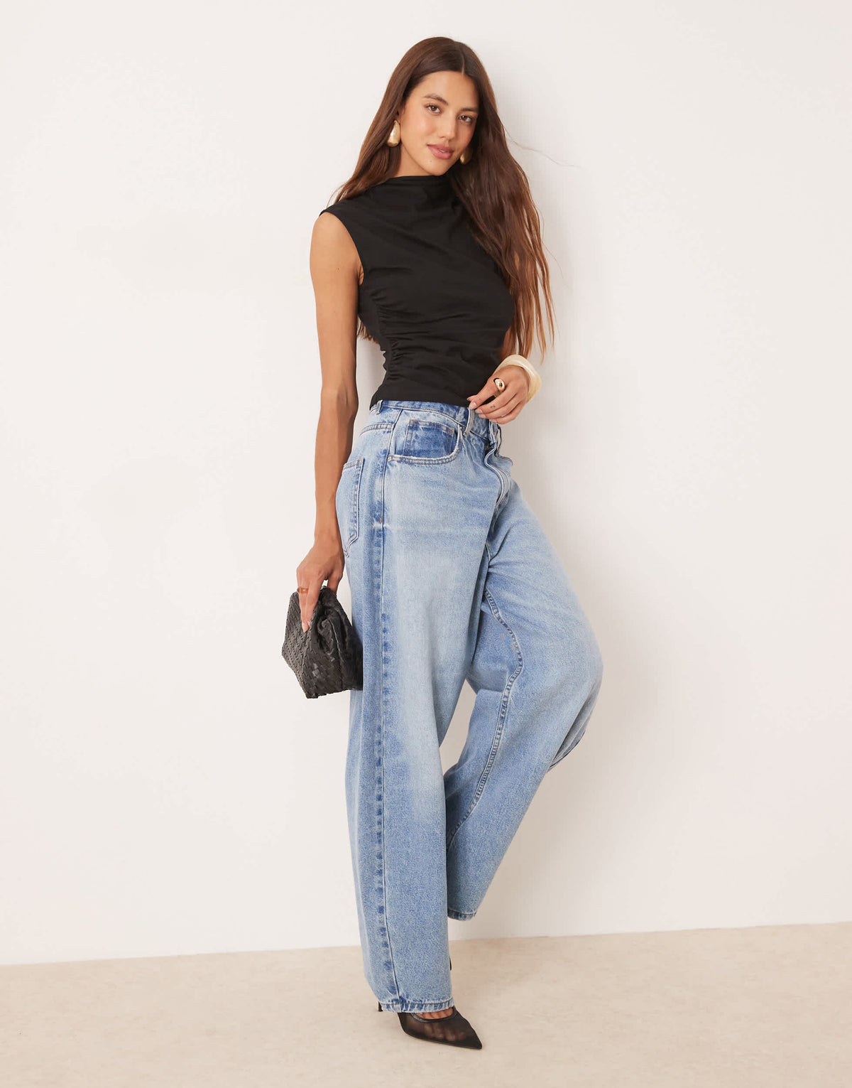 ASOS DESIGN high neck drape top with cinched waist in black