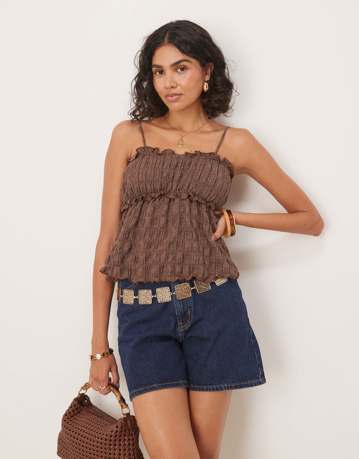 ASOS DESIGN festival textured babydoll top in brown