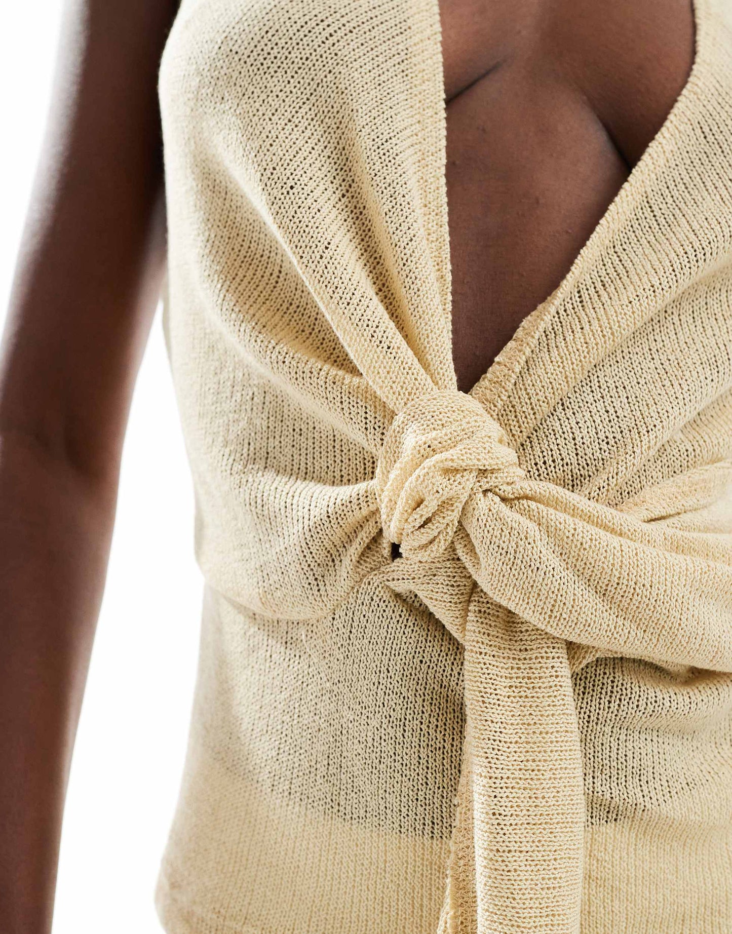 Pull&Bear knitted twist front halterneck top in sand