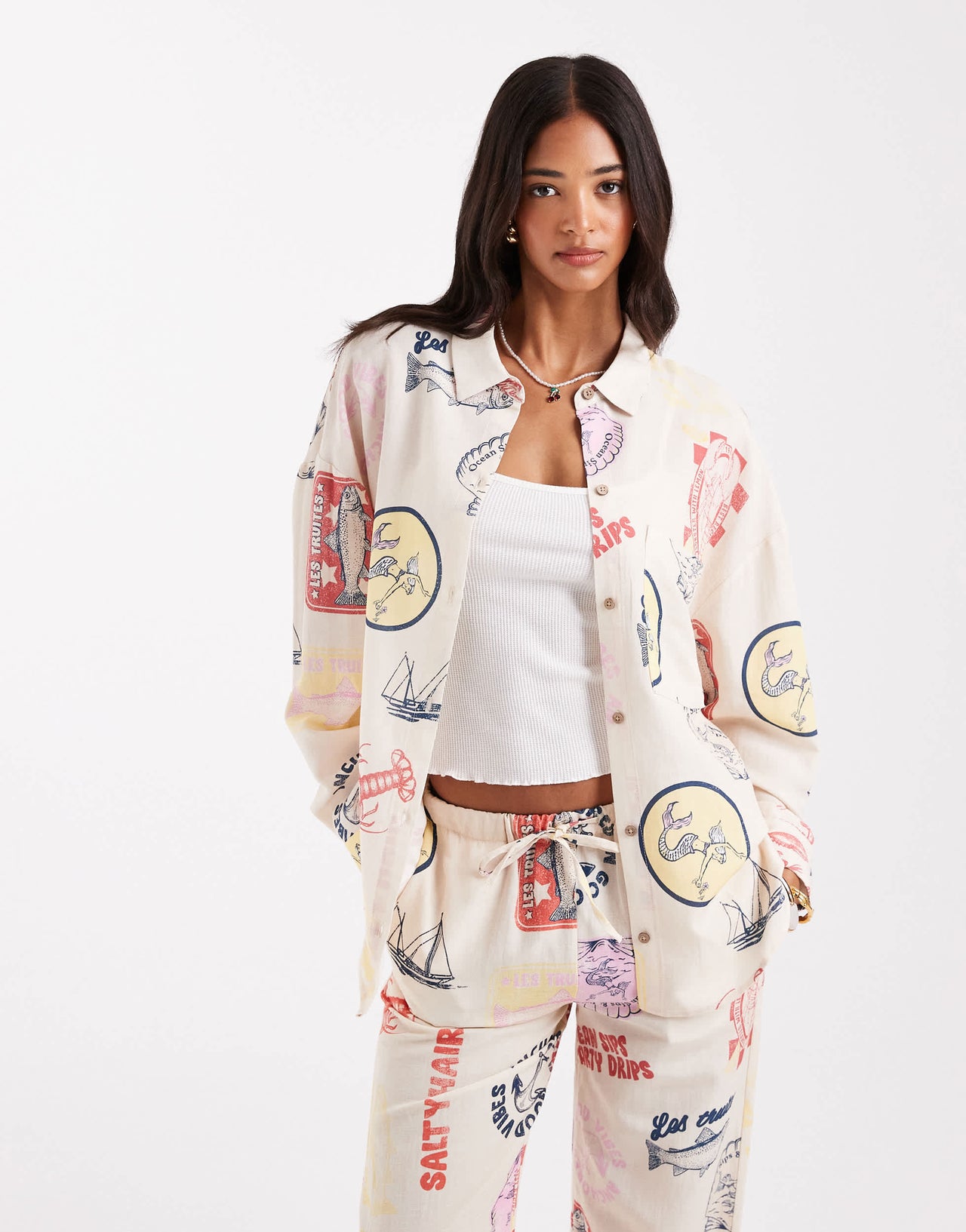 Pull&Bear printed summer shirt co-ord in ecru