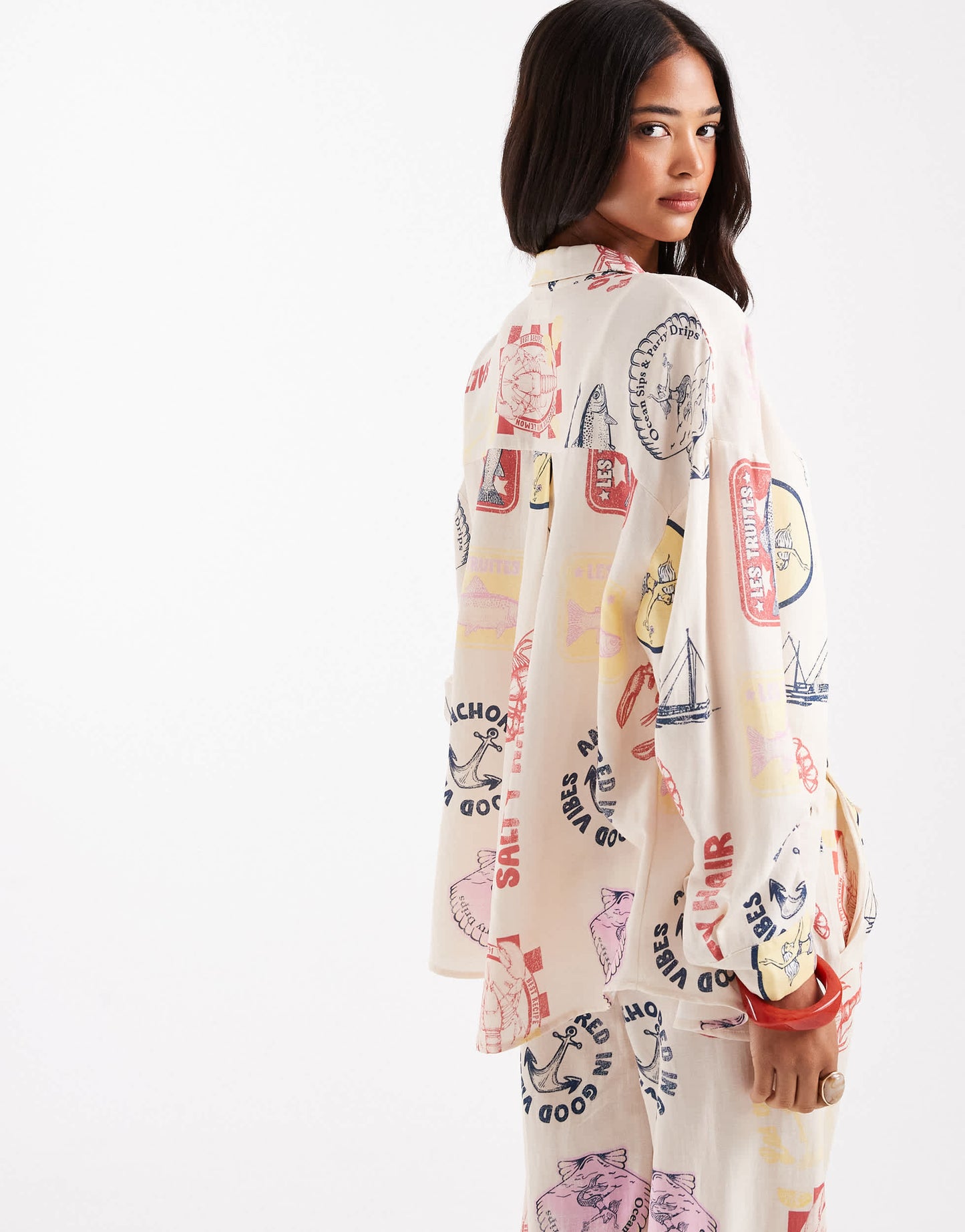 Pull&Bear printed summer shirt co-ord in ecru
