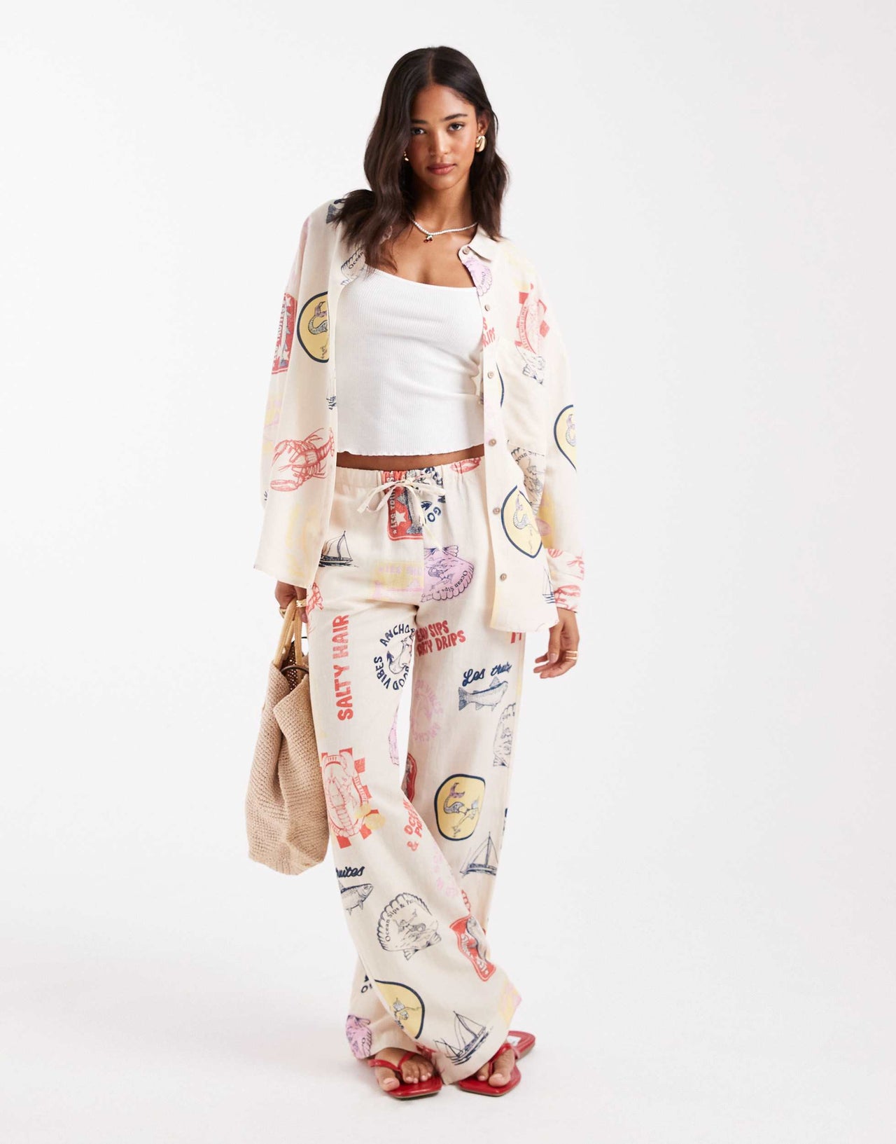 Pull&Bear printed summer shirt co-ord in ecru