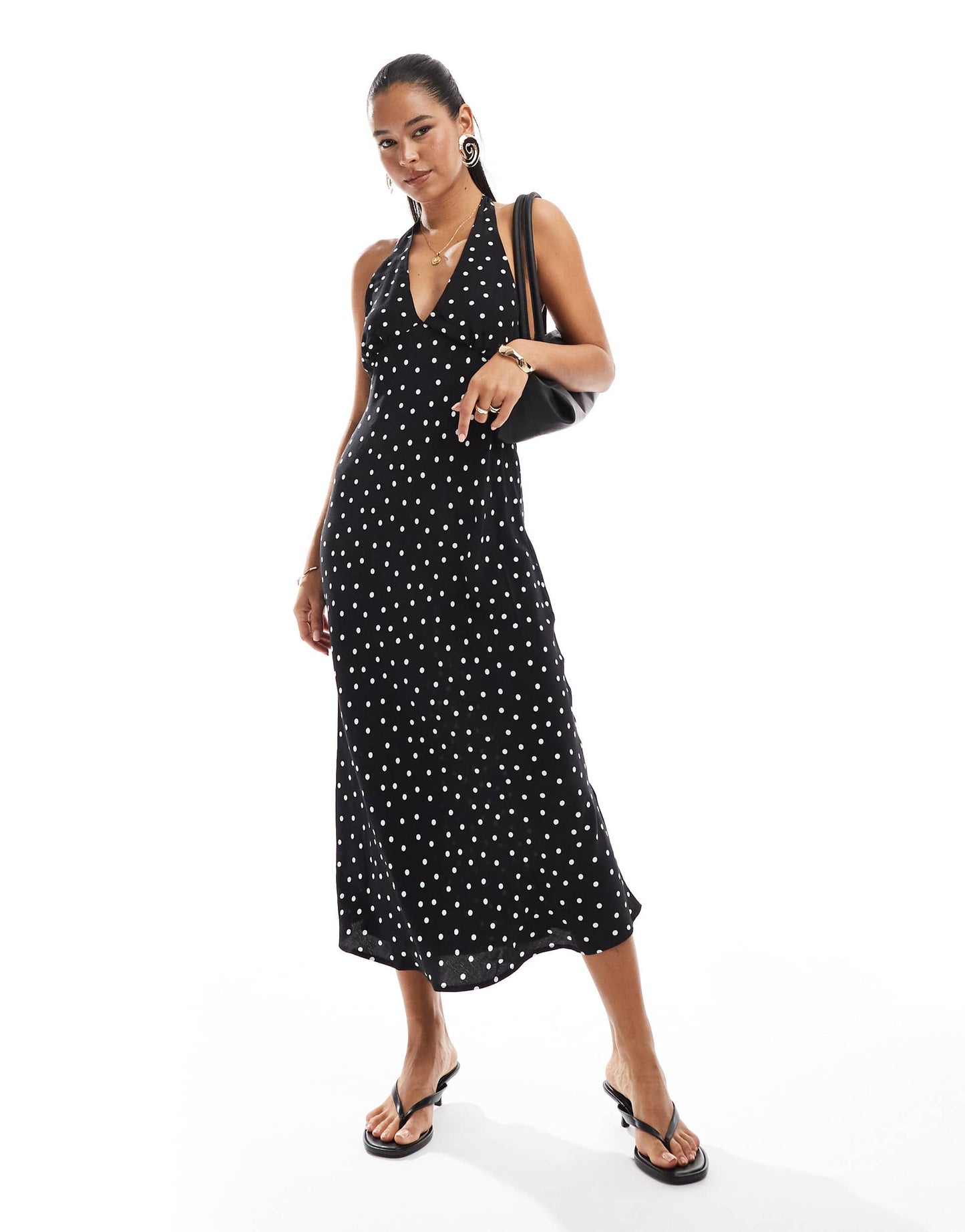 Pull&Bear polka dot halterneck midi dress in black
