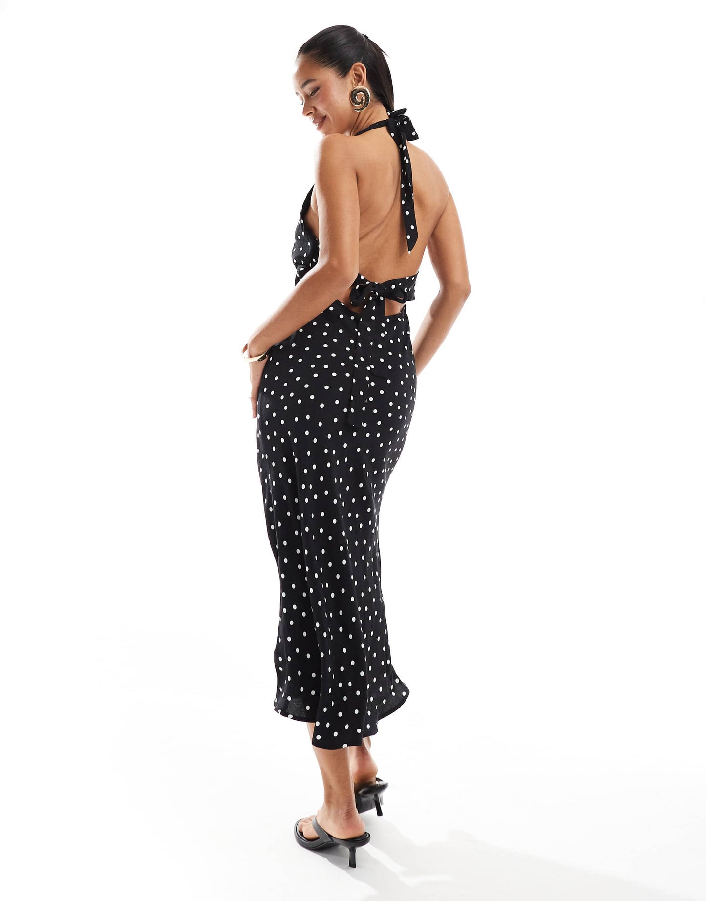Pull&Bear polka dot halterneck midi dress in black