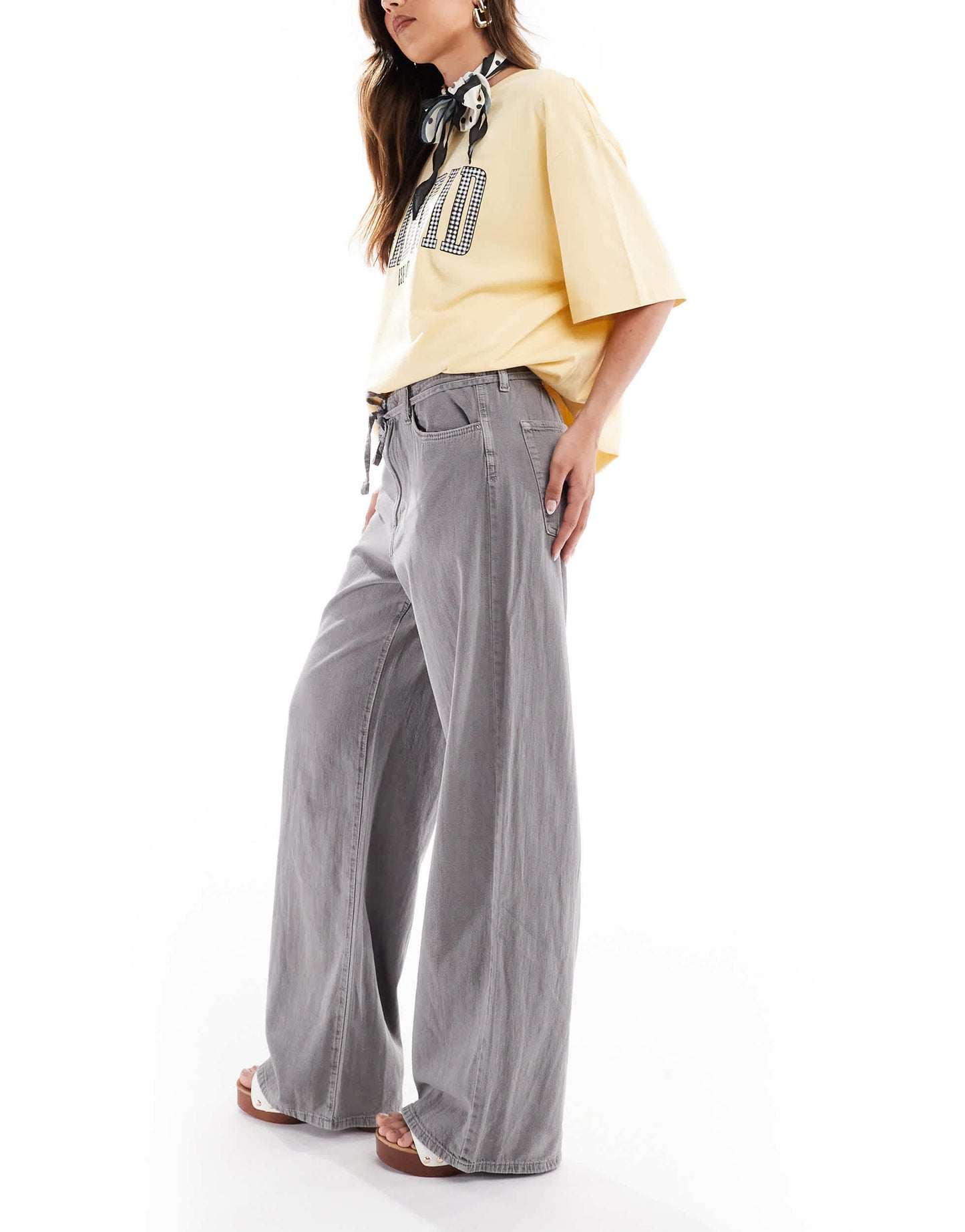 Pull&Bear drawstring waist wide leg jeans in grey