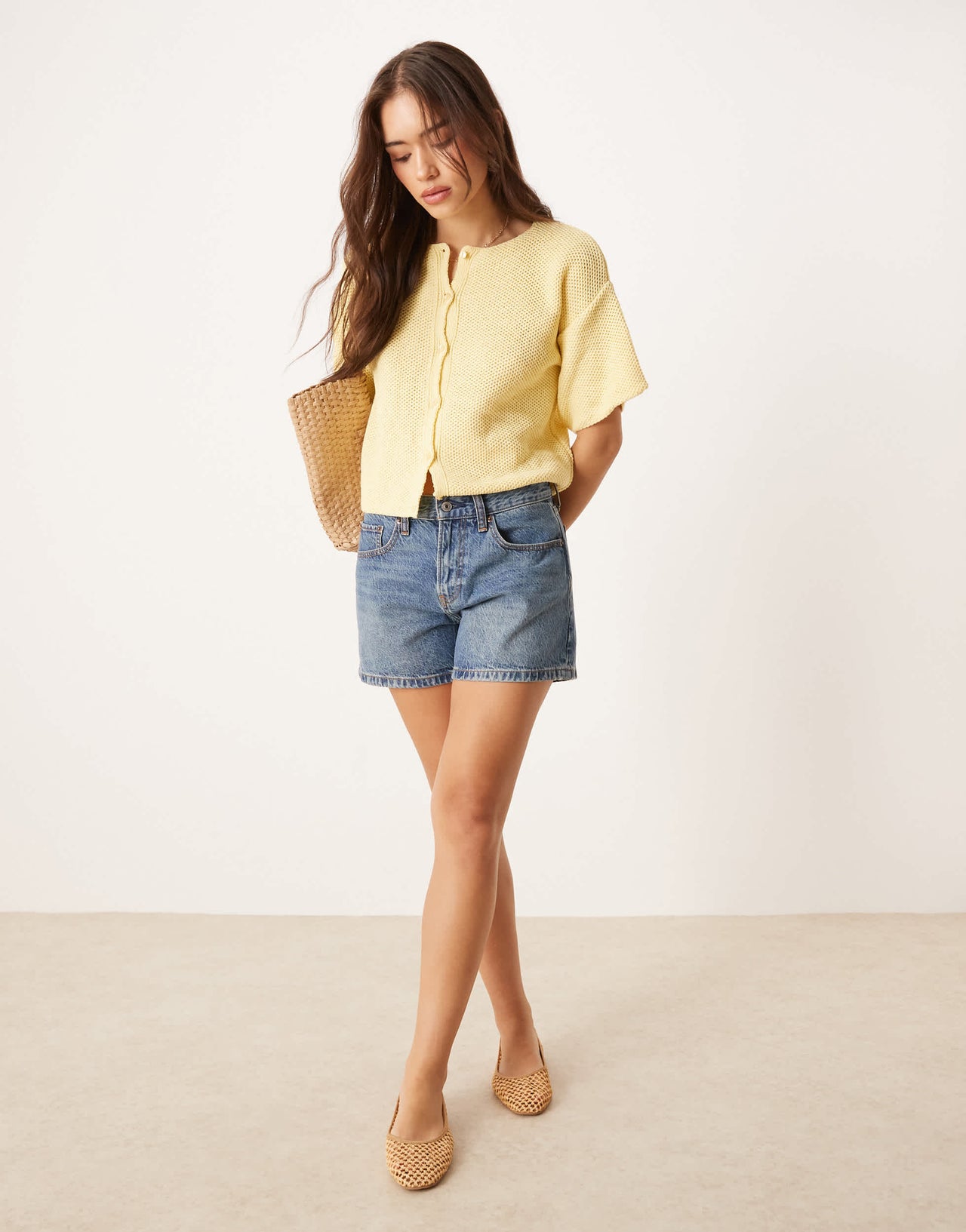 ASOS DESIGN knitted short sleeve cardigan in buttermilk