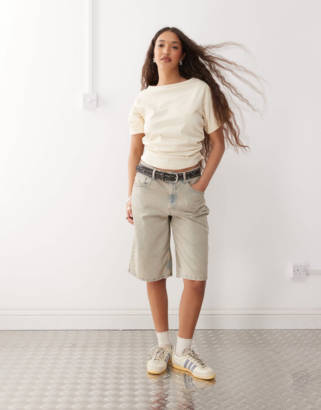 Reclaimed Vintage slash neck cinched waist t-shirt with ruching in butter yellow