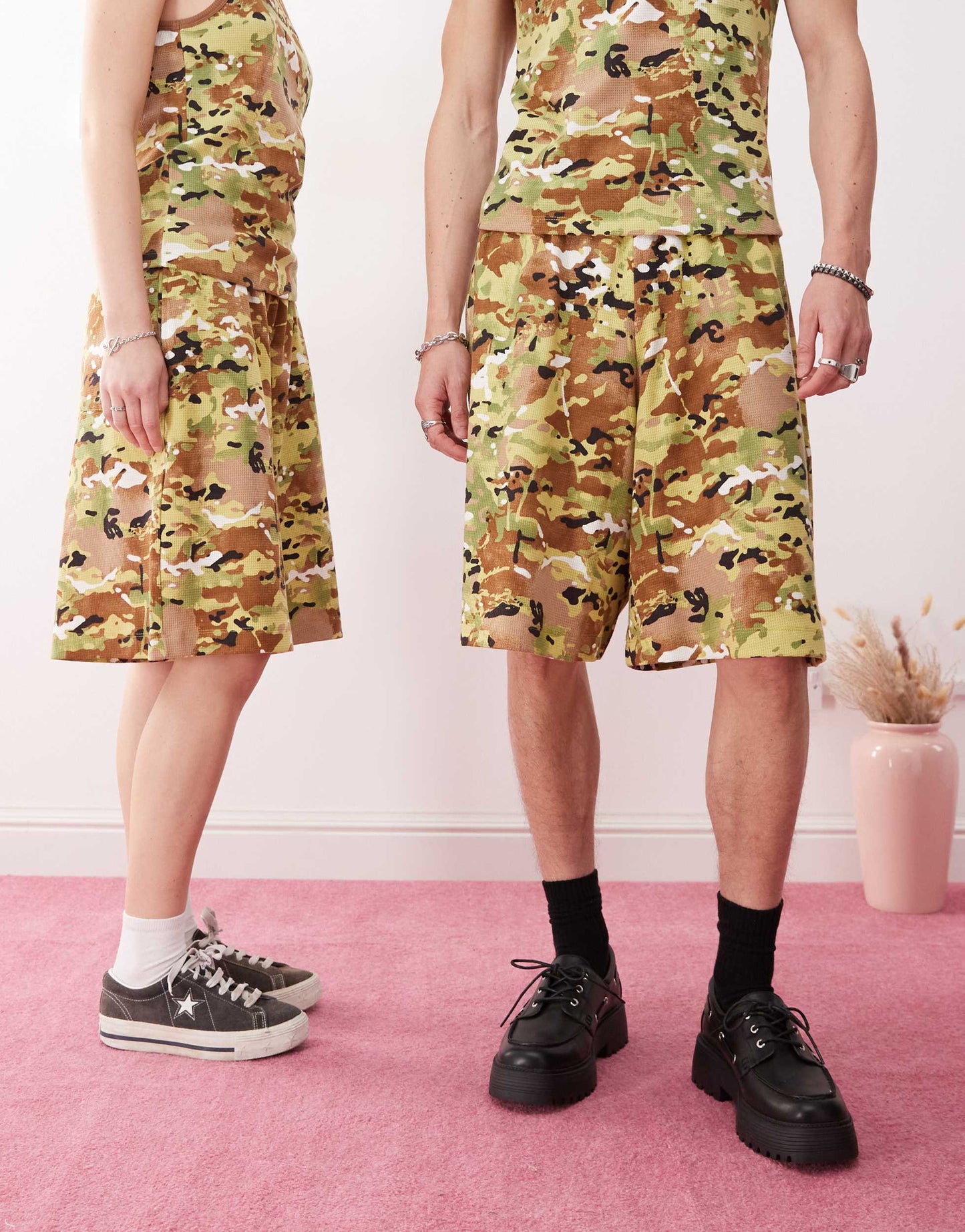 Reclaimed Vintage unisex waffle jersey festival jort co-ord in camo print