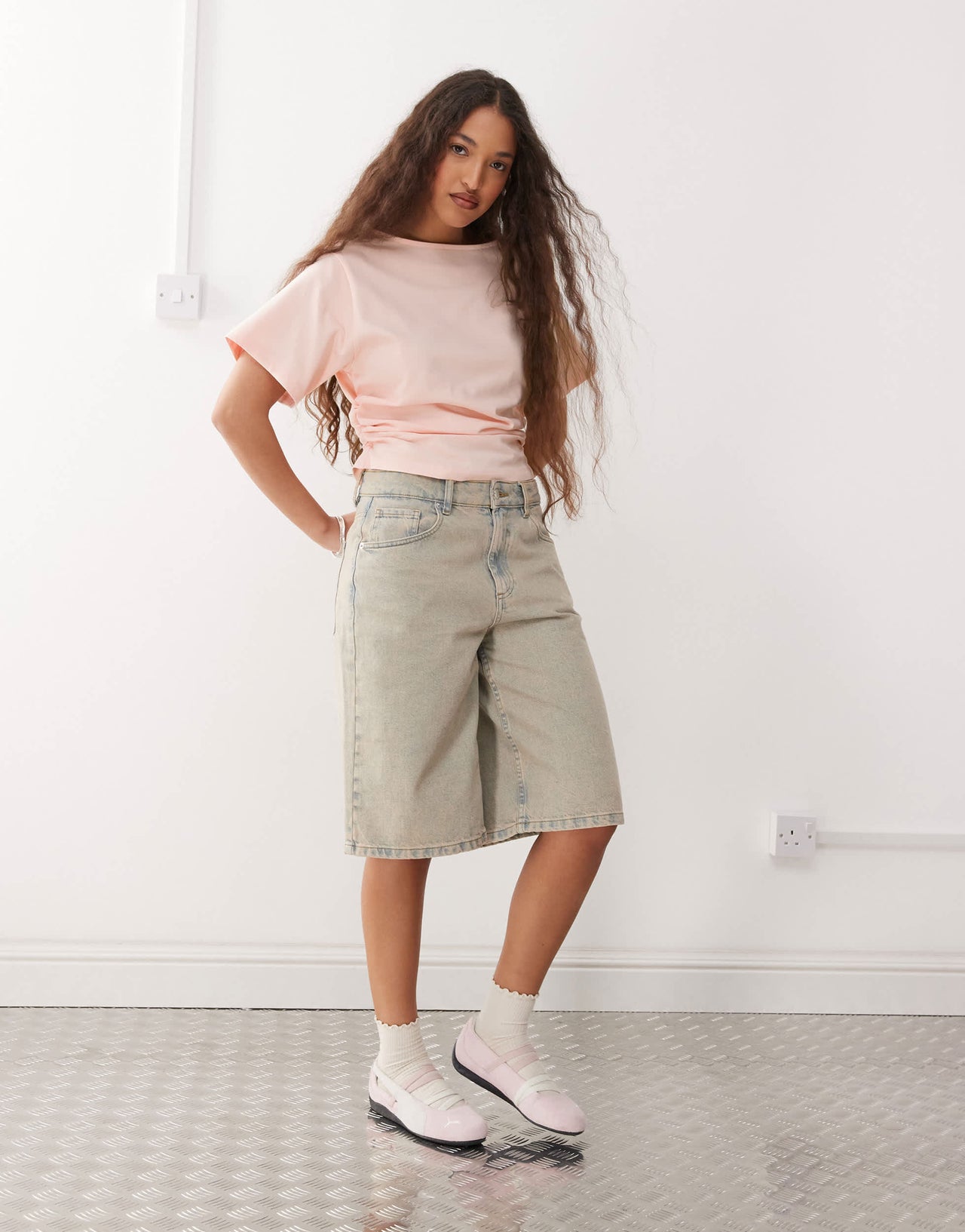 Reclaimed Vintage slash neck cinched waist t-shirt with ruching detail in baby pink