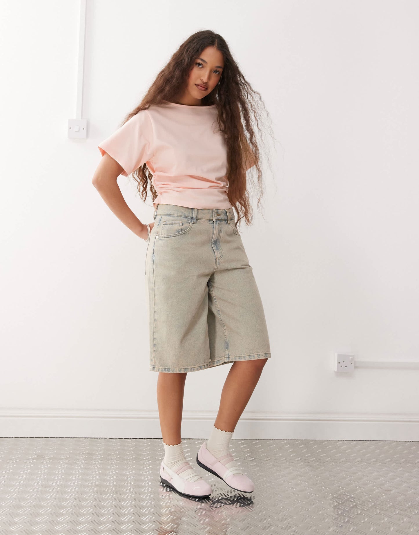 Reclaimed Vintage slash neck cinched waist t-shirt with ruching detail in baby pink