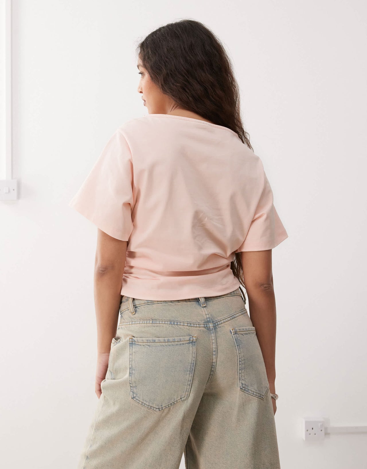 Reclaimed Vintage slash neck cinched waist t-shirt with ruching detail in baby pink