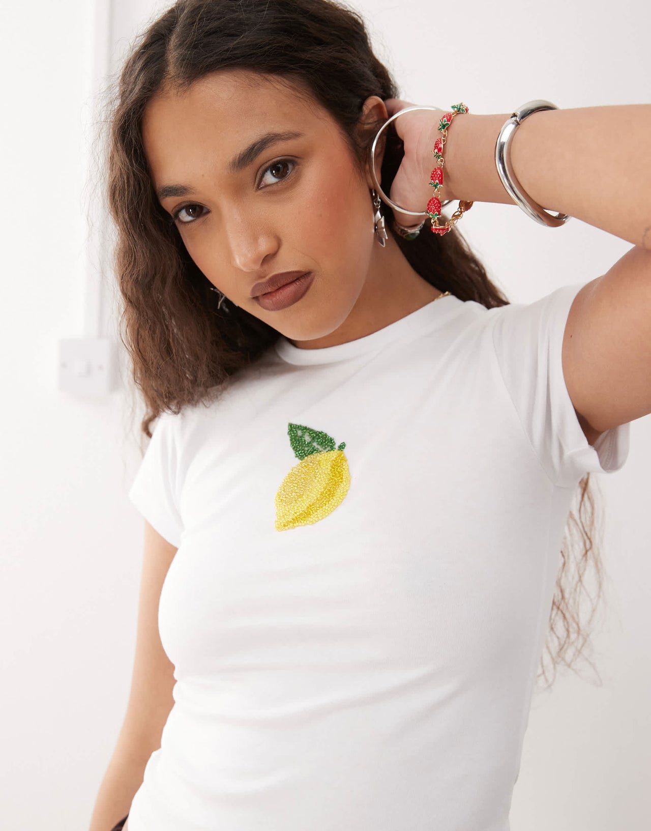 Reclaimed Vintage baby tee with lemon beaded embellishment in white