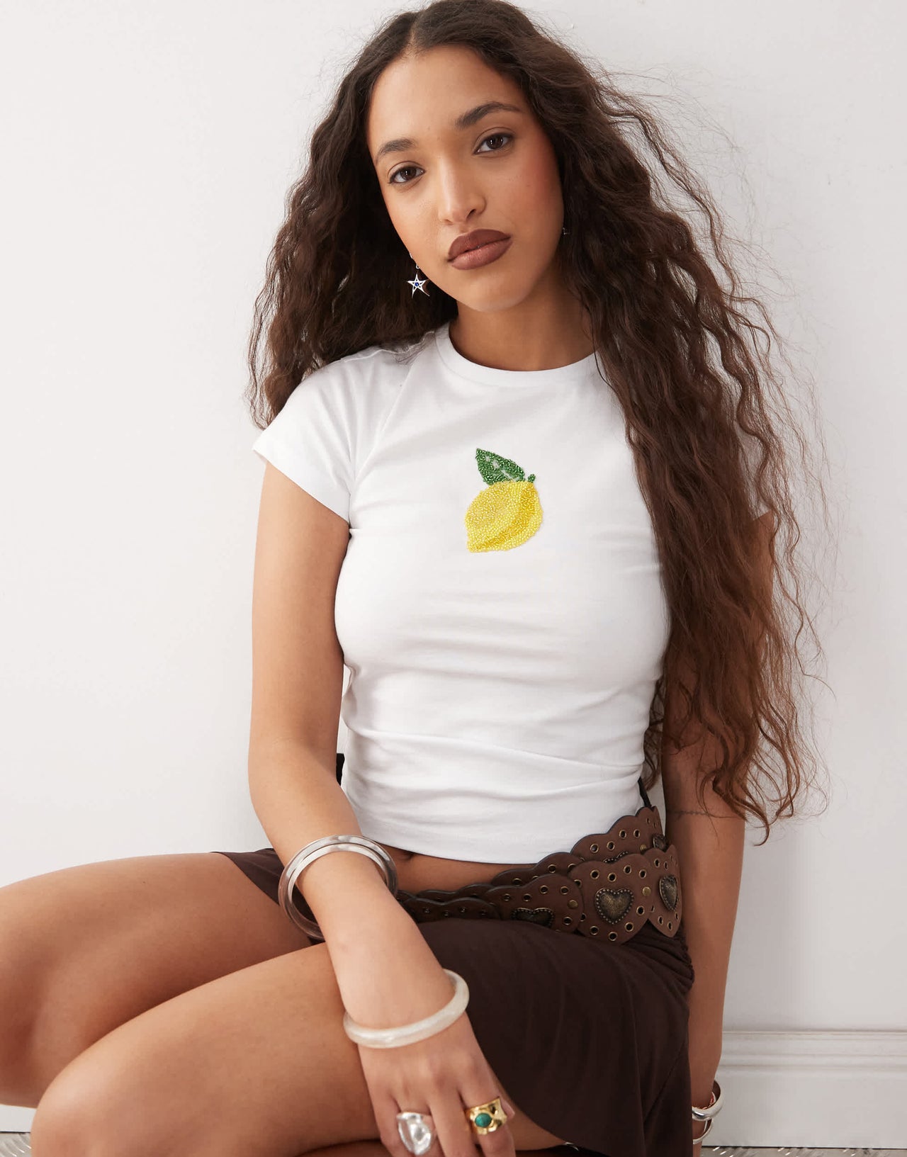 Reclaimed Vintage baby tee with lemon beaded embellishment in white