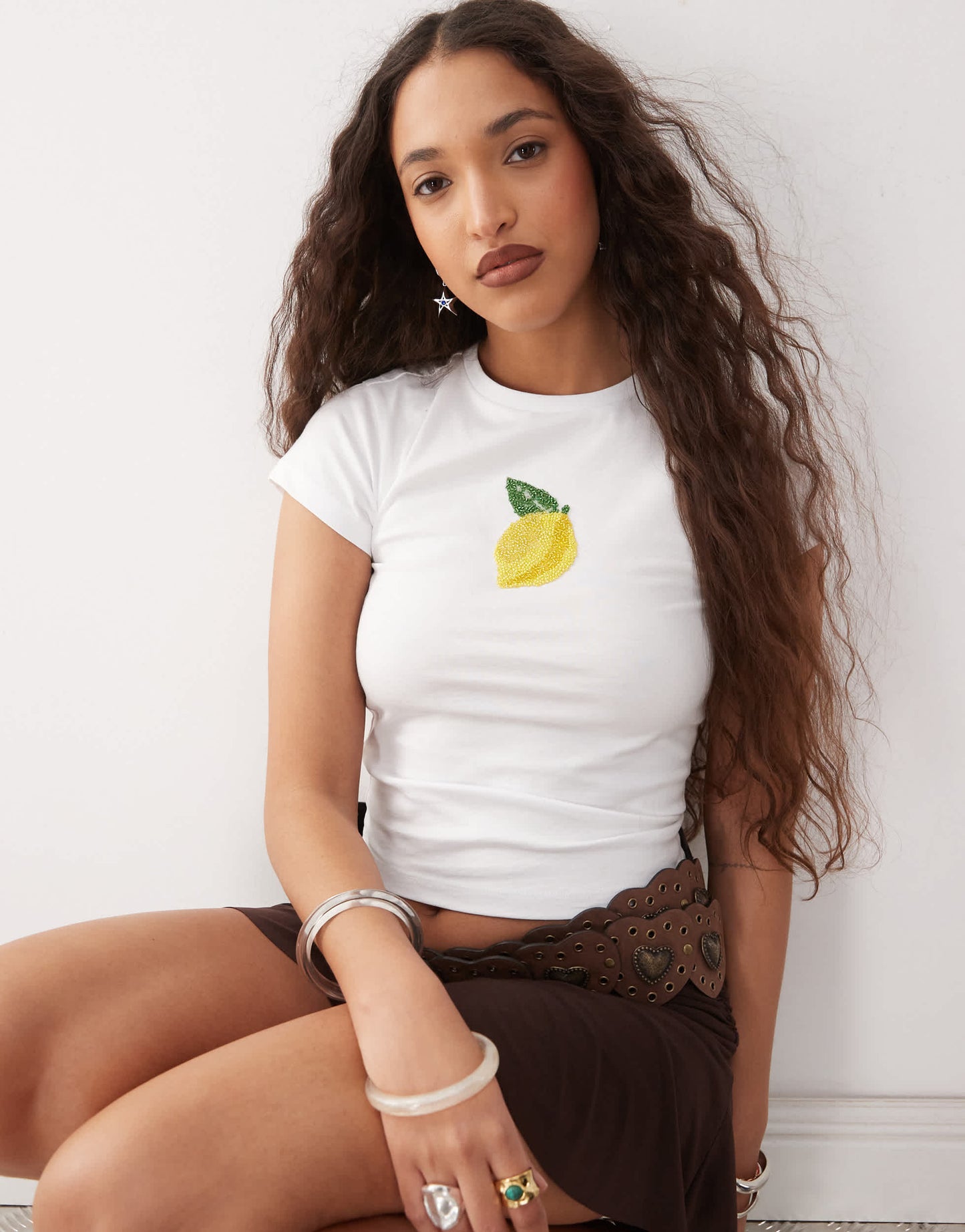 Reclaimed Vintage baby tee with lemon beaded embellishment in white