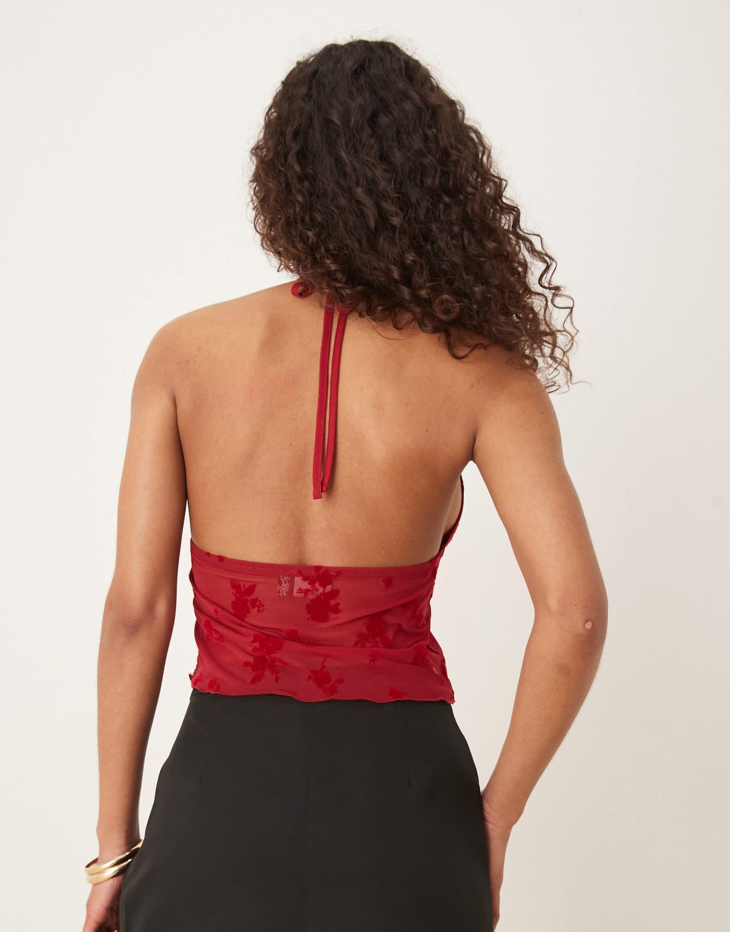 ASOS DESIGN flocked mesh plunge frill halter top in burgundy - BURGUNDY