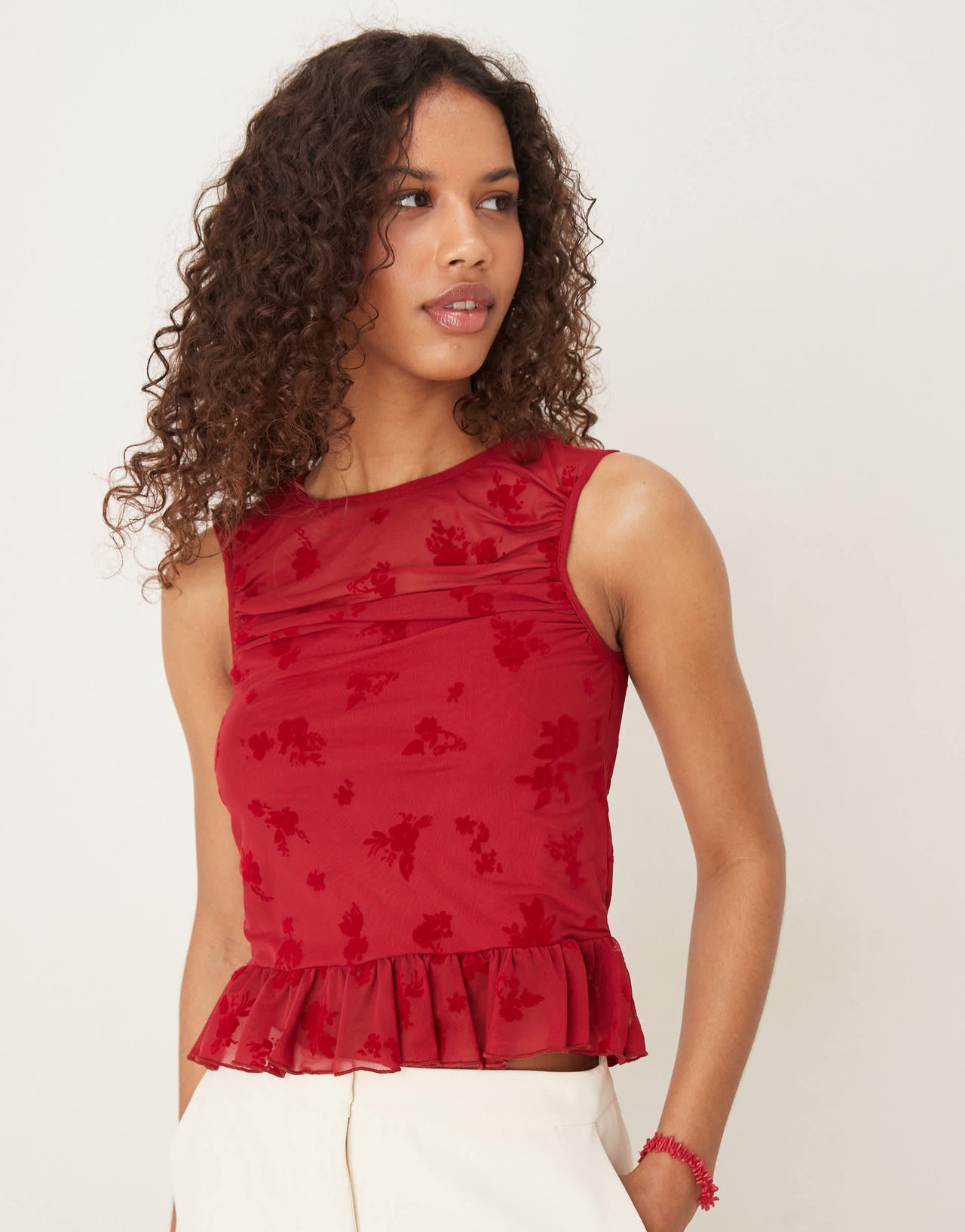 ASOS DESIGN flocked mesh ruched top with peplum hem in burgundy - BURGUNDY