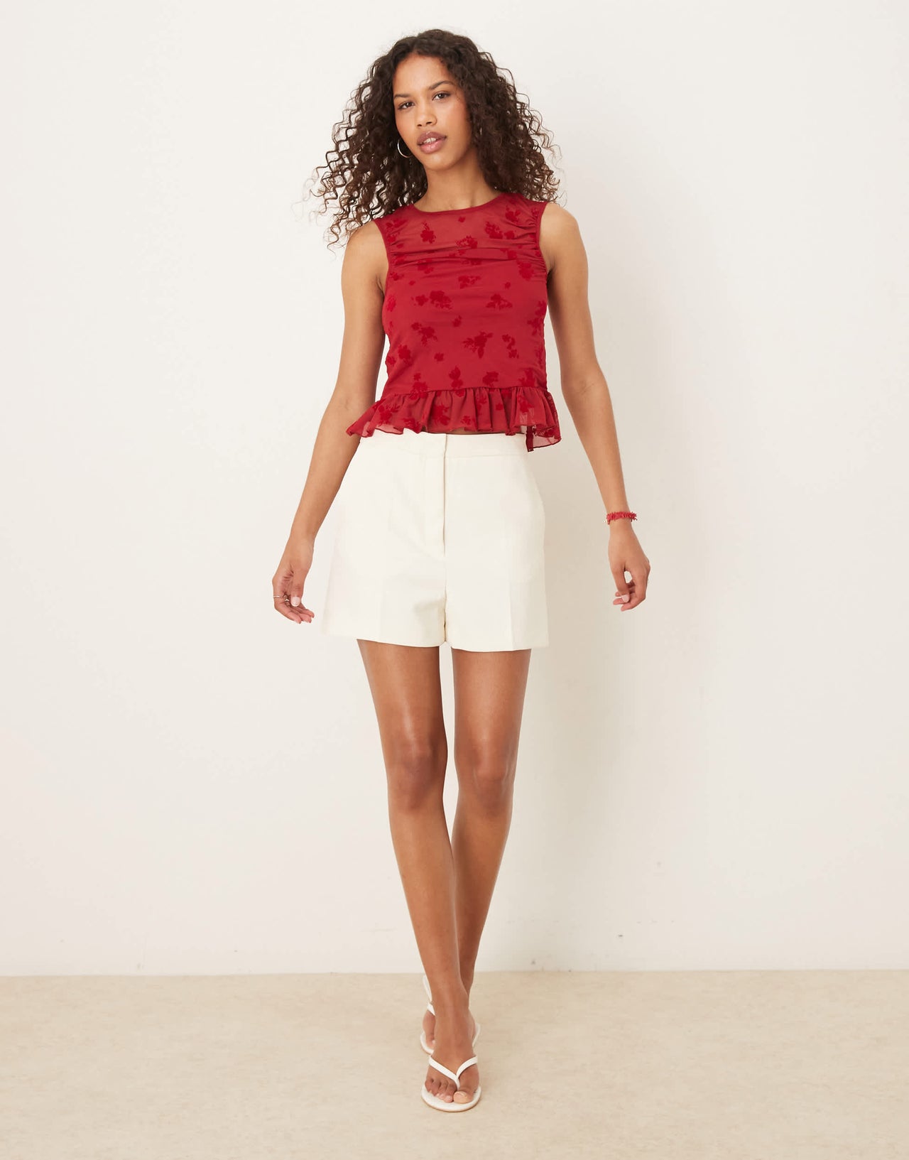 ASOS DESIGN flocked mesh ruched top with peplum hem in burgundy - BURGUNDY