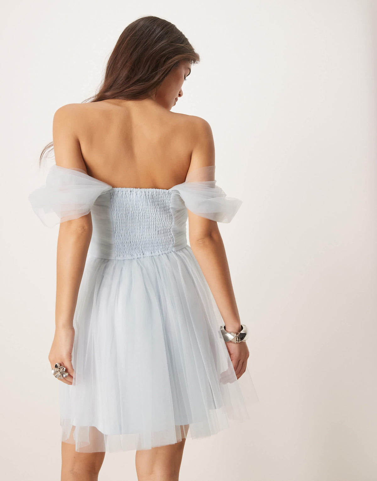 Lace & Beads off shoulder tulle mini dress in sky blue