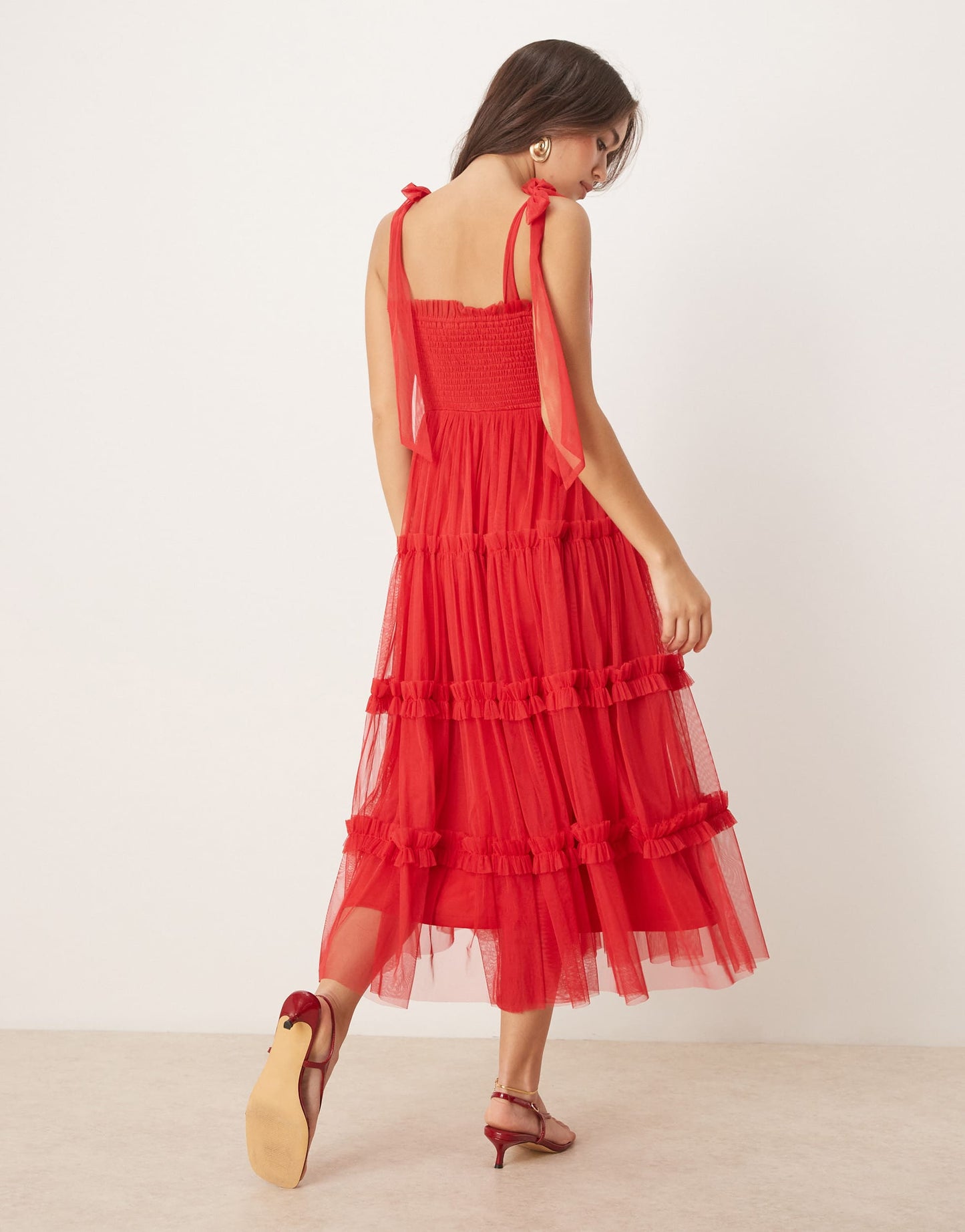 Lace & Beads bow shoulder ruffle midi dress in cherry red