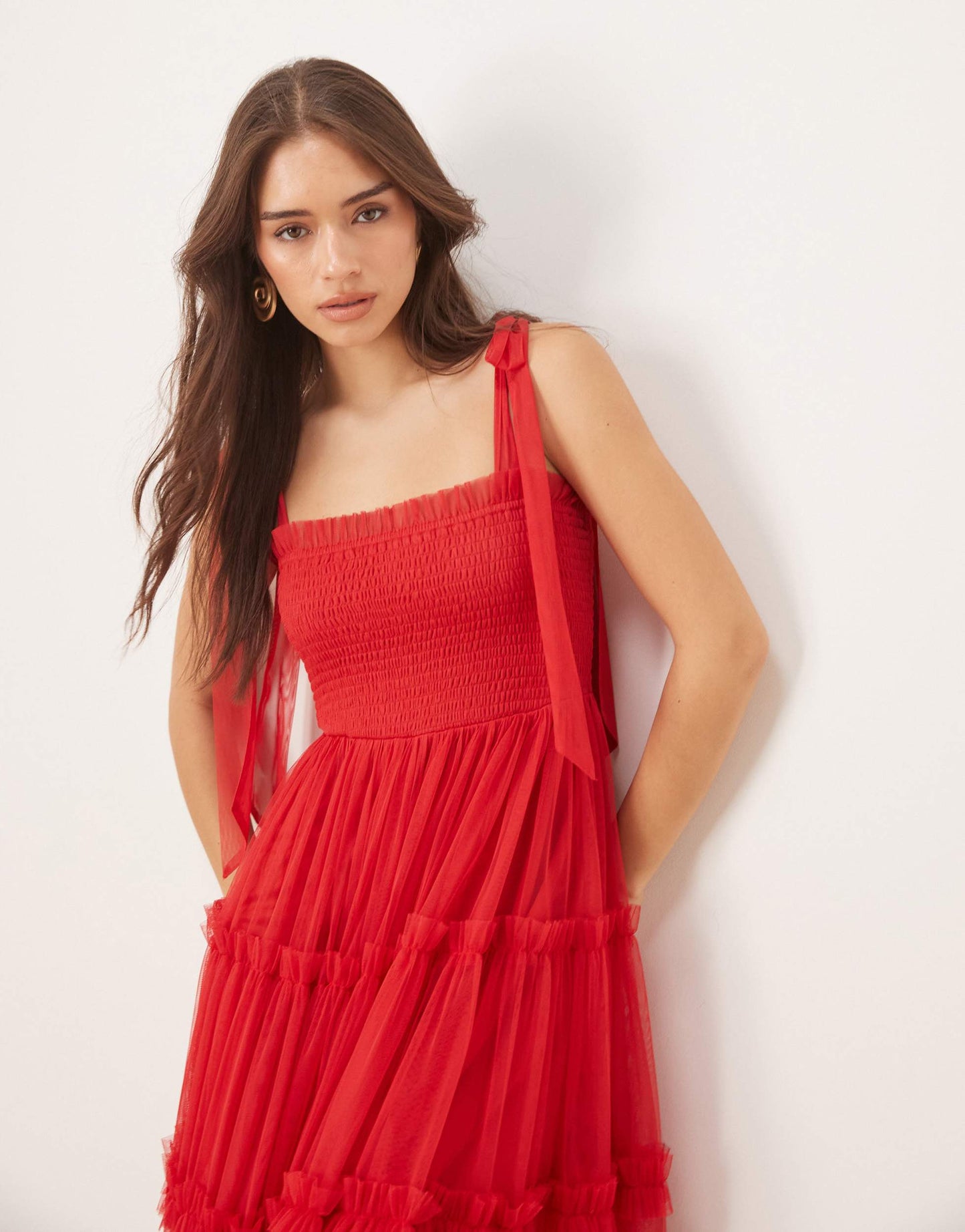 Lace & Beads bow shoulder ruffle midi dress in cherry red