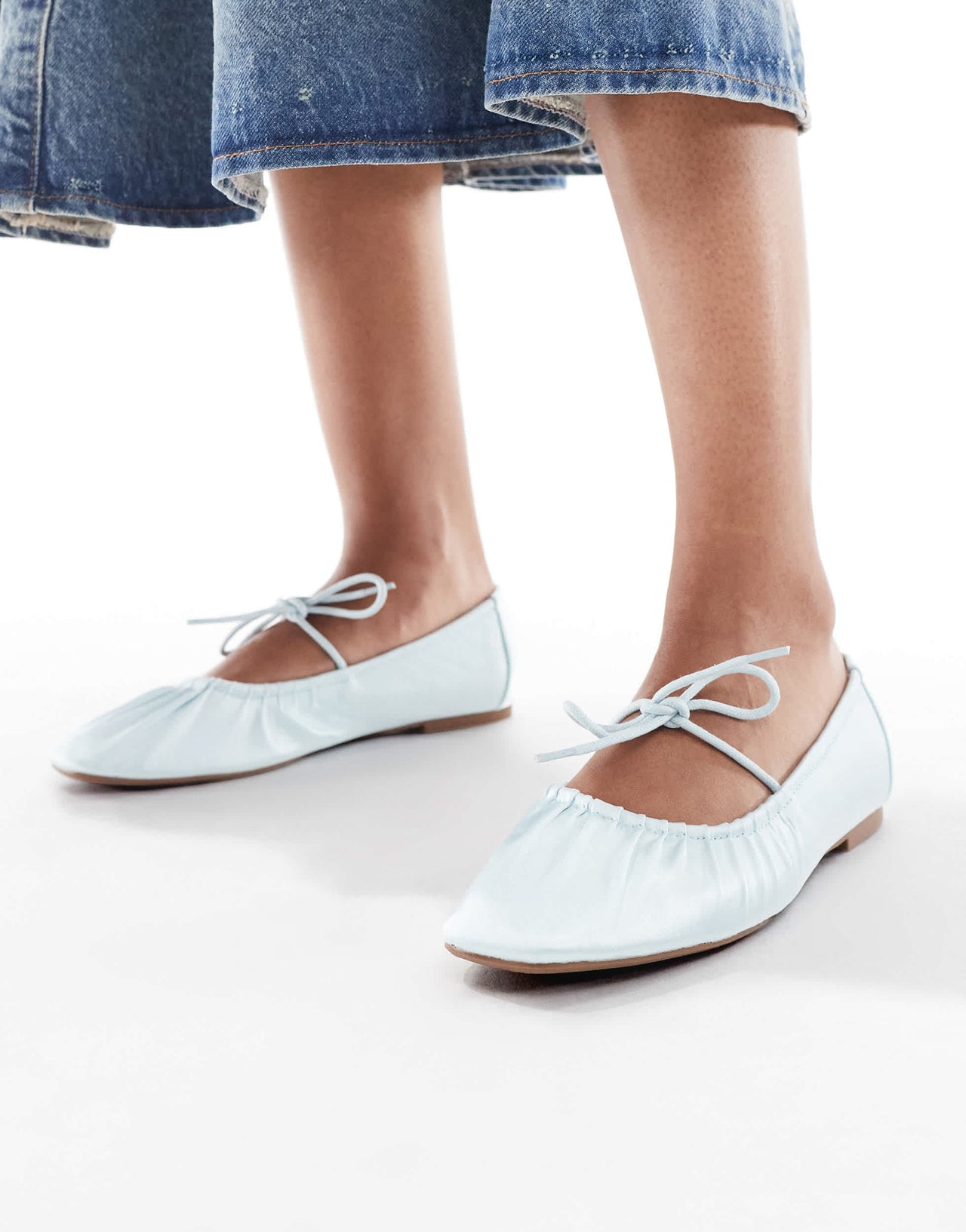 SEQWL Iris tie detail ruched ballet flats in baby blue satin