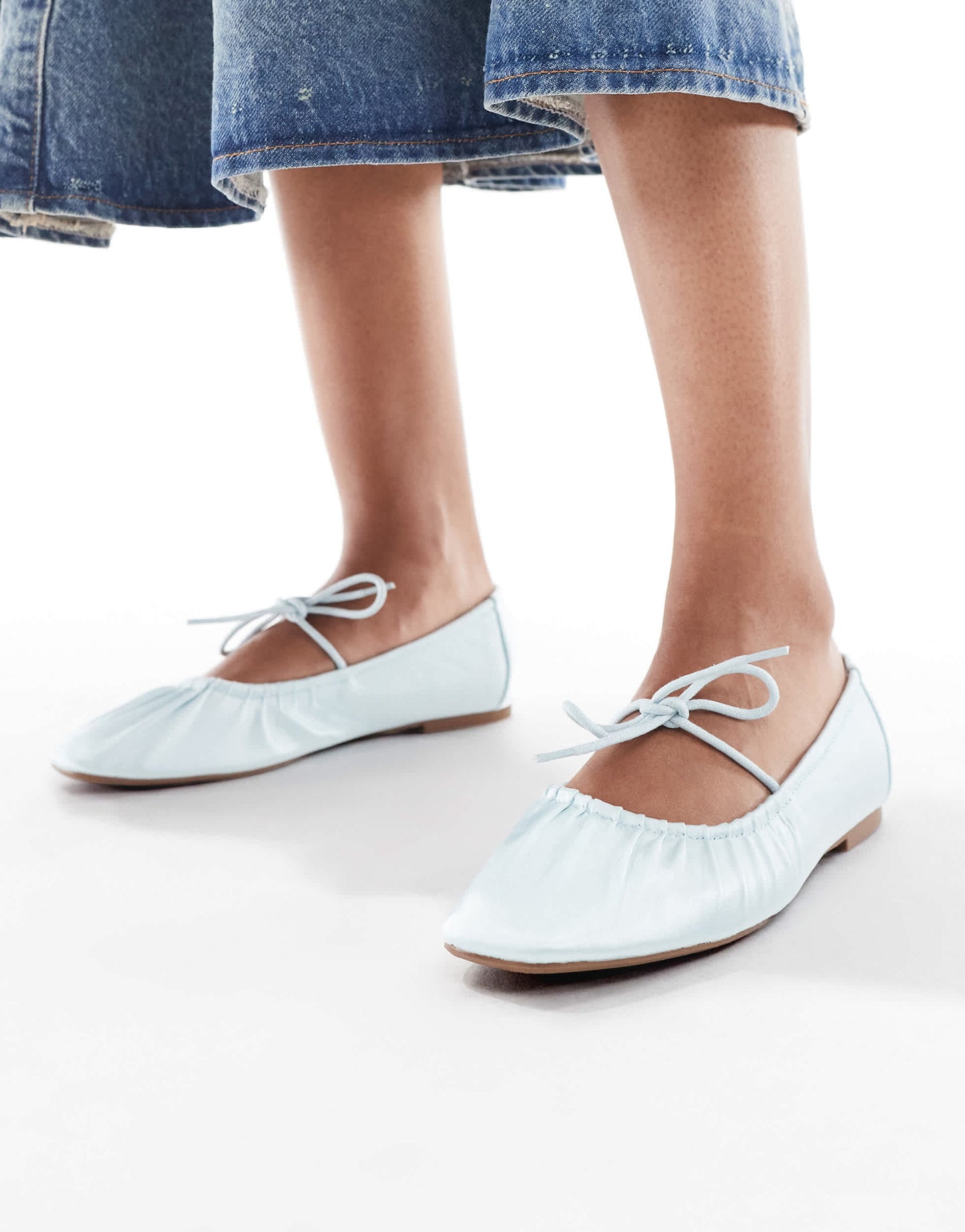 SEQWL Iris tie detail ruched ballet flats in baby blue satin