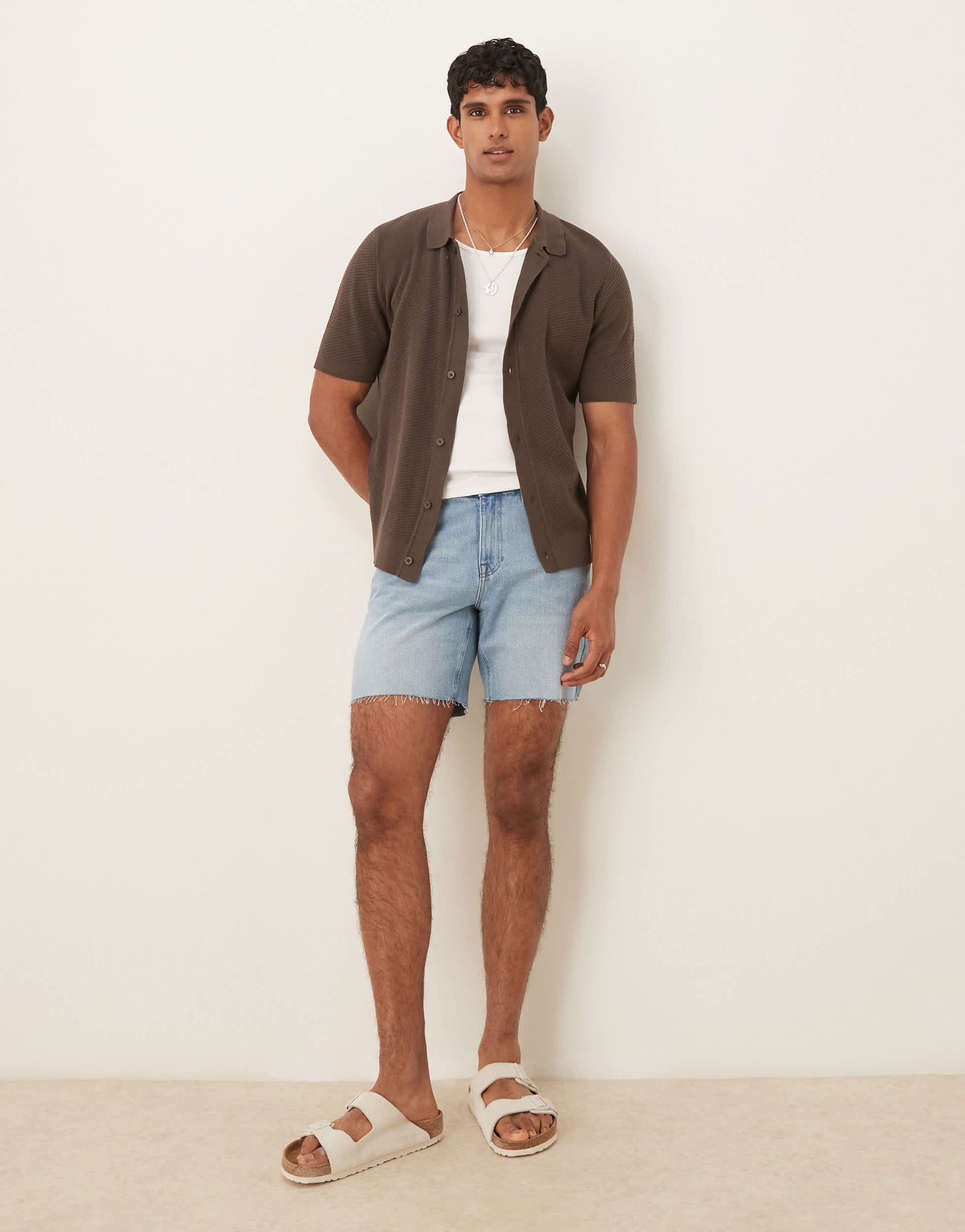 ASOS DESIGN mid length slim denim shorts in light wash blue