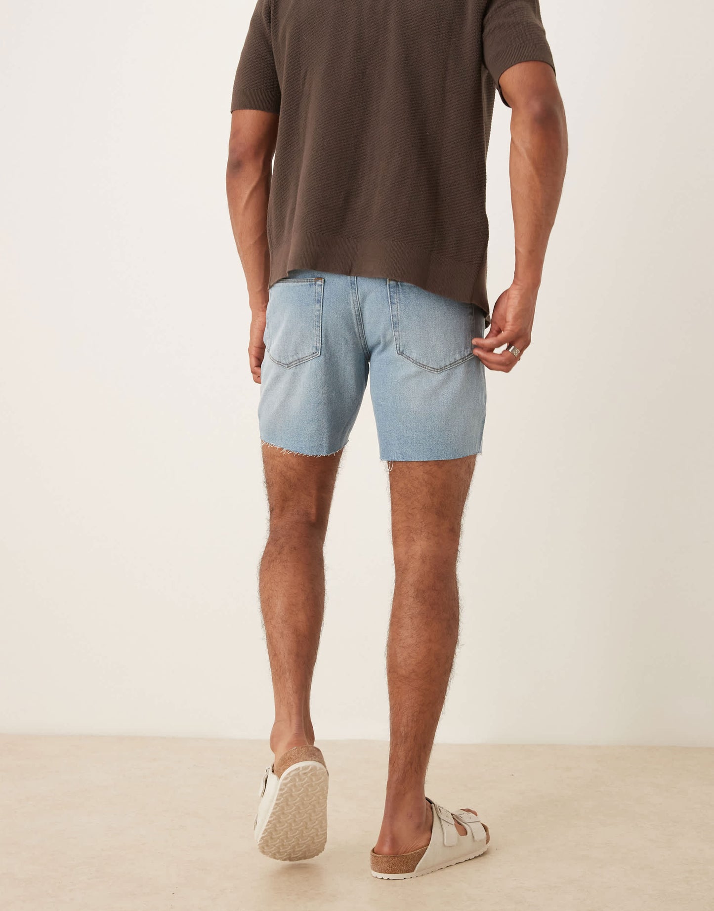 ASOS DESIGN mid length slim denim shorts in light wash blue