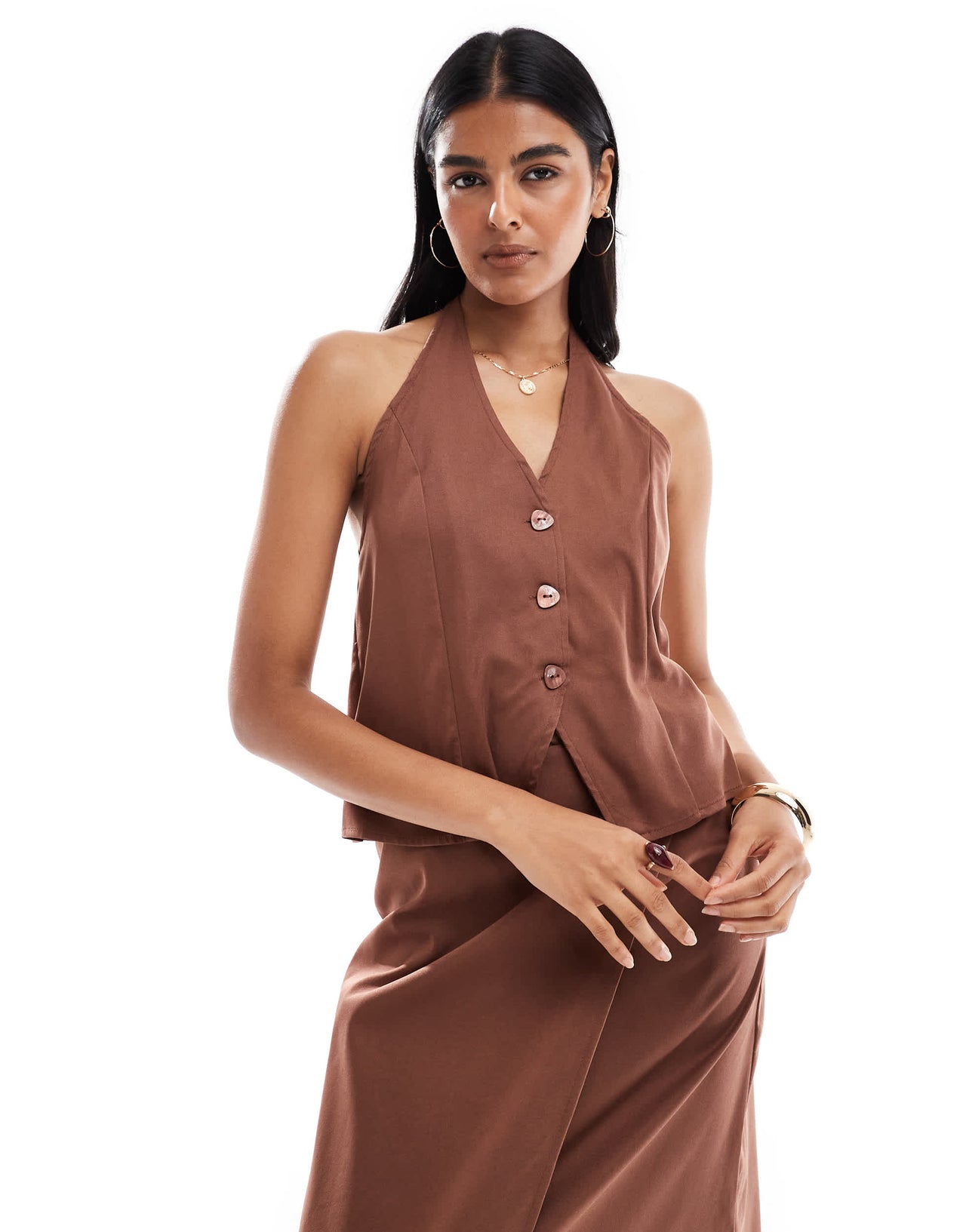 Pieces halterneck waistcoat co-ord in chocolate brown