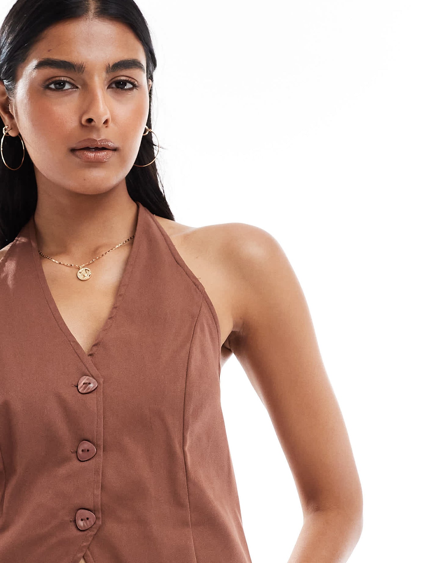 Pieces halterneck waistcoat co-ord in chocolate brown