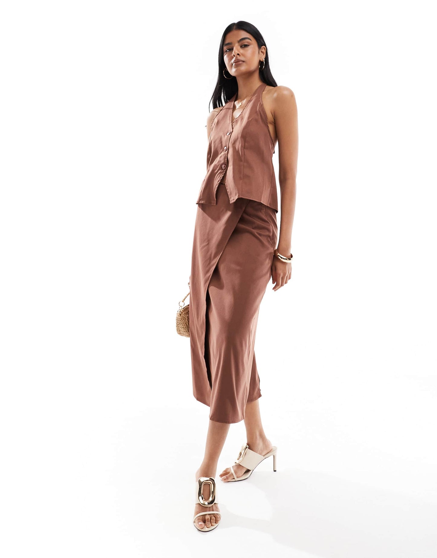 Pieces halterneck waistcoat co-ord in chocolate brown