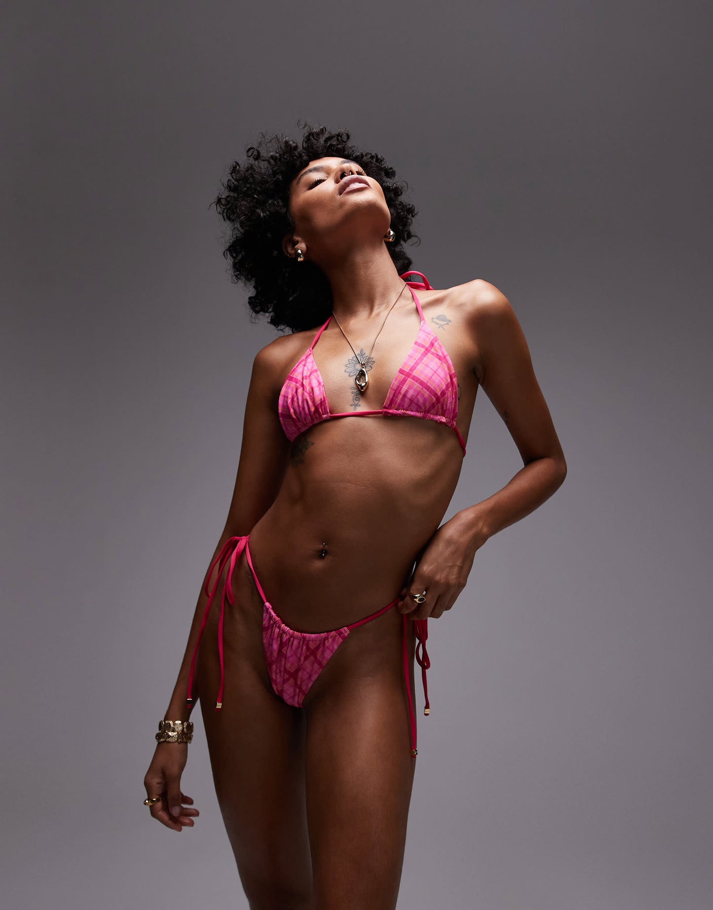 VDM check print reversible tie side bikini bottoms in sherbet pink