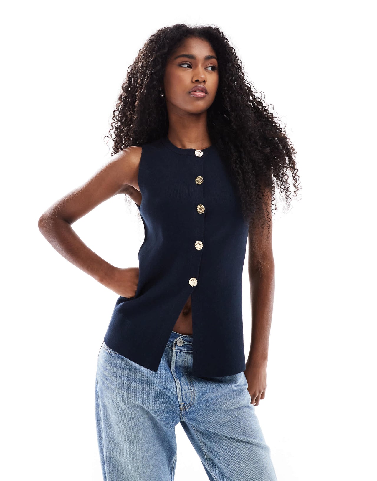 ASOS DESIGN knitted crew neck structured waistcoat with gold buttons in navy