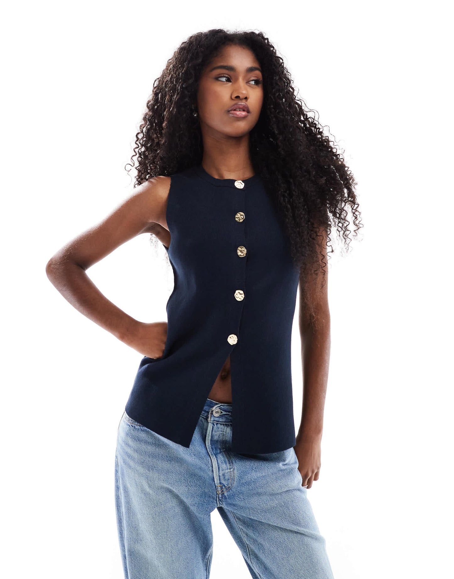 ASOS DESIGN knitted crew neck structured waistcoat with gold buttons in navy