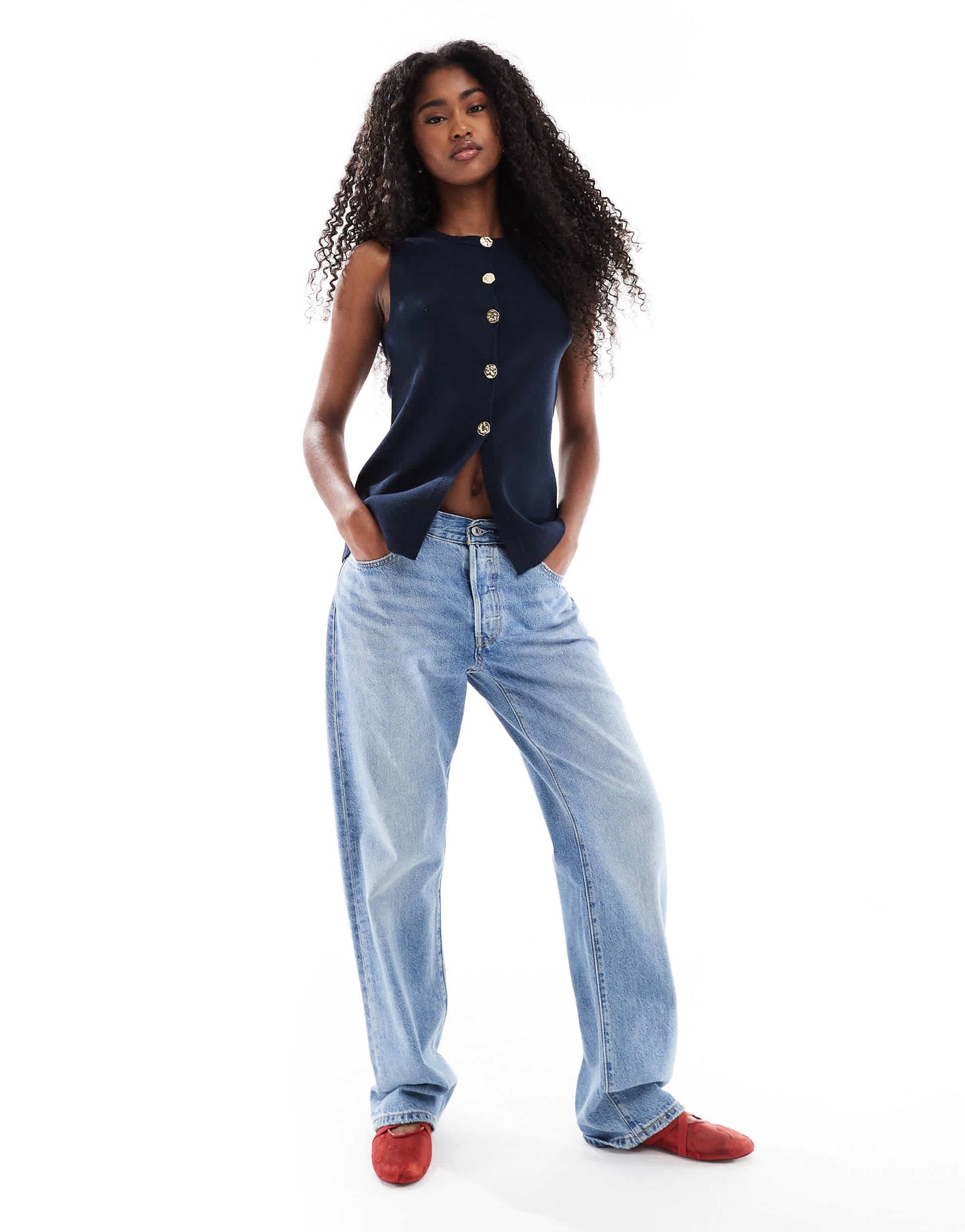ASOS DESIGN knitted crew neck structured waistcoat with gold buttons in navy