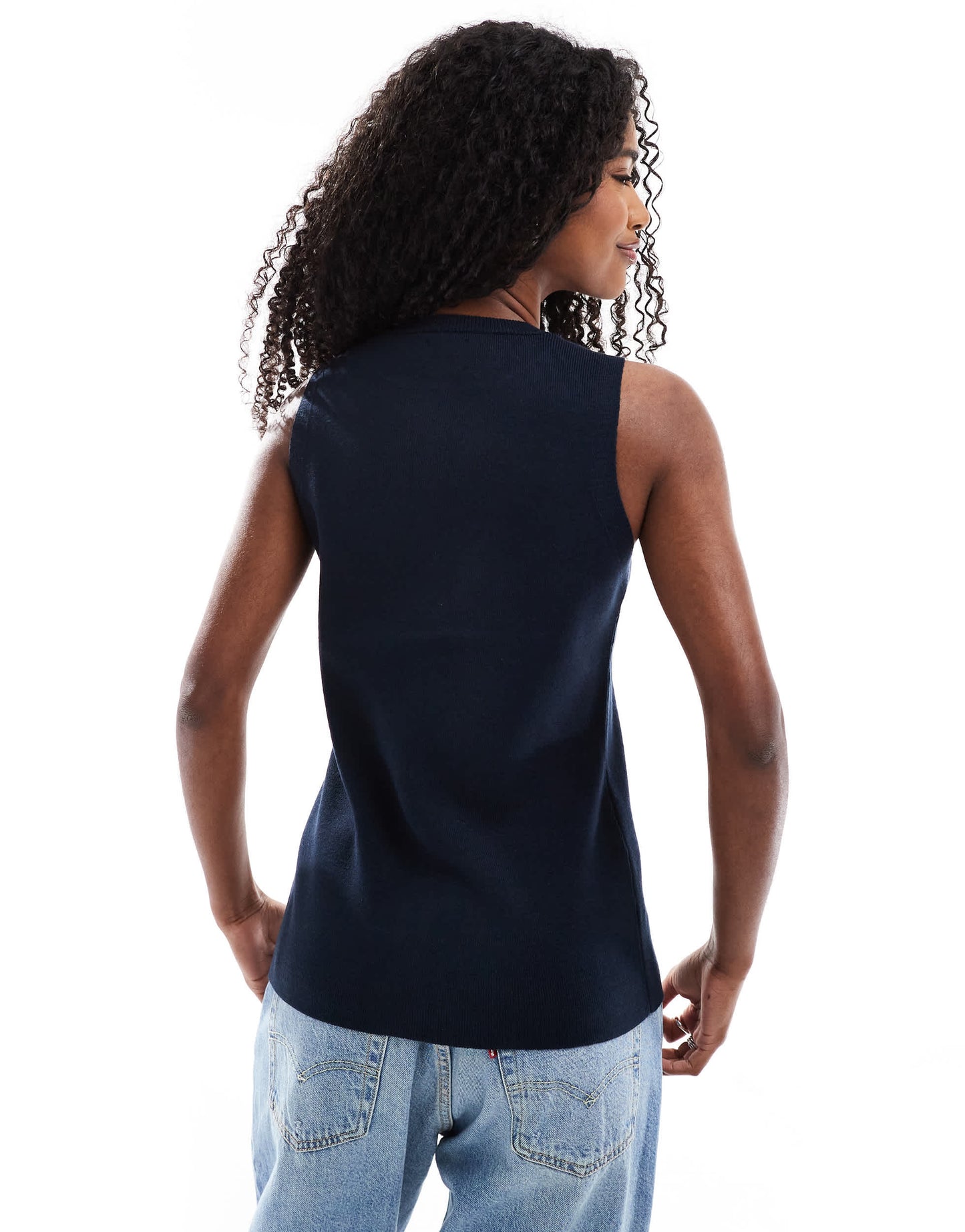 ASOS DESIGN knitted crew neck structured waistcoat with gold buttons in navy