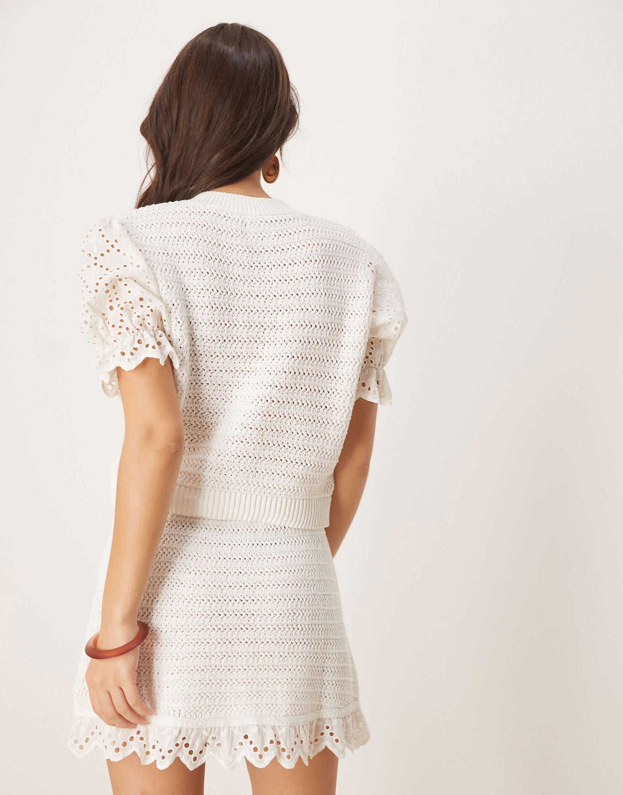 ASOS DESIGN stitch interest cardigan with woven sleeve co-ord in white