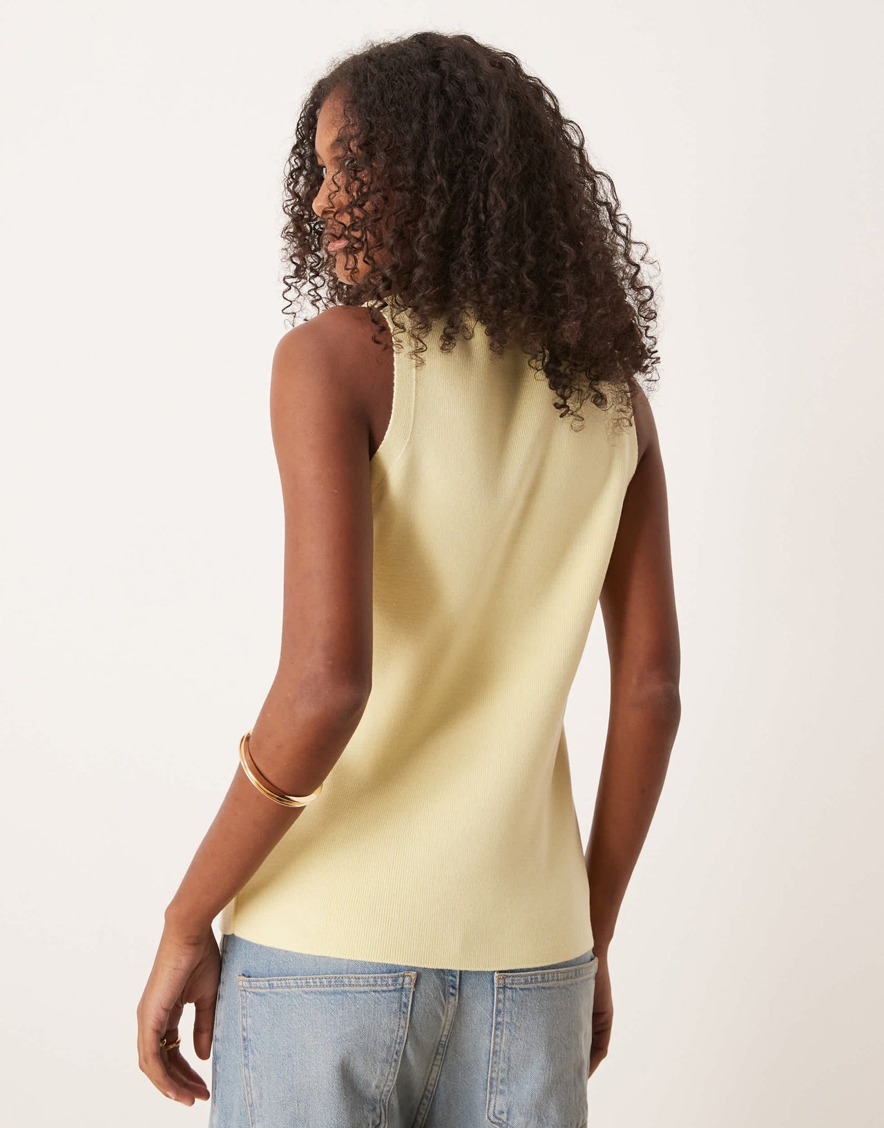 ASOS DESIGN knitted crew neck structured waistcoat with gold buttons in buttermilk