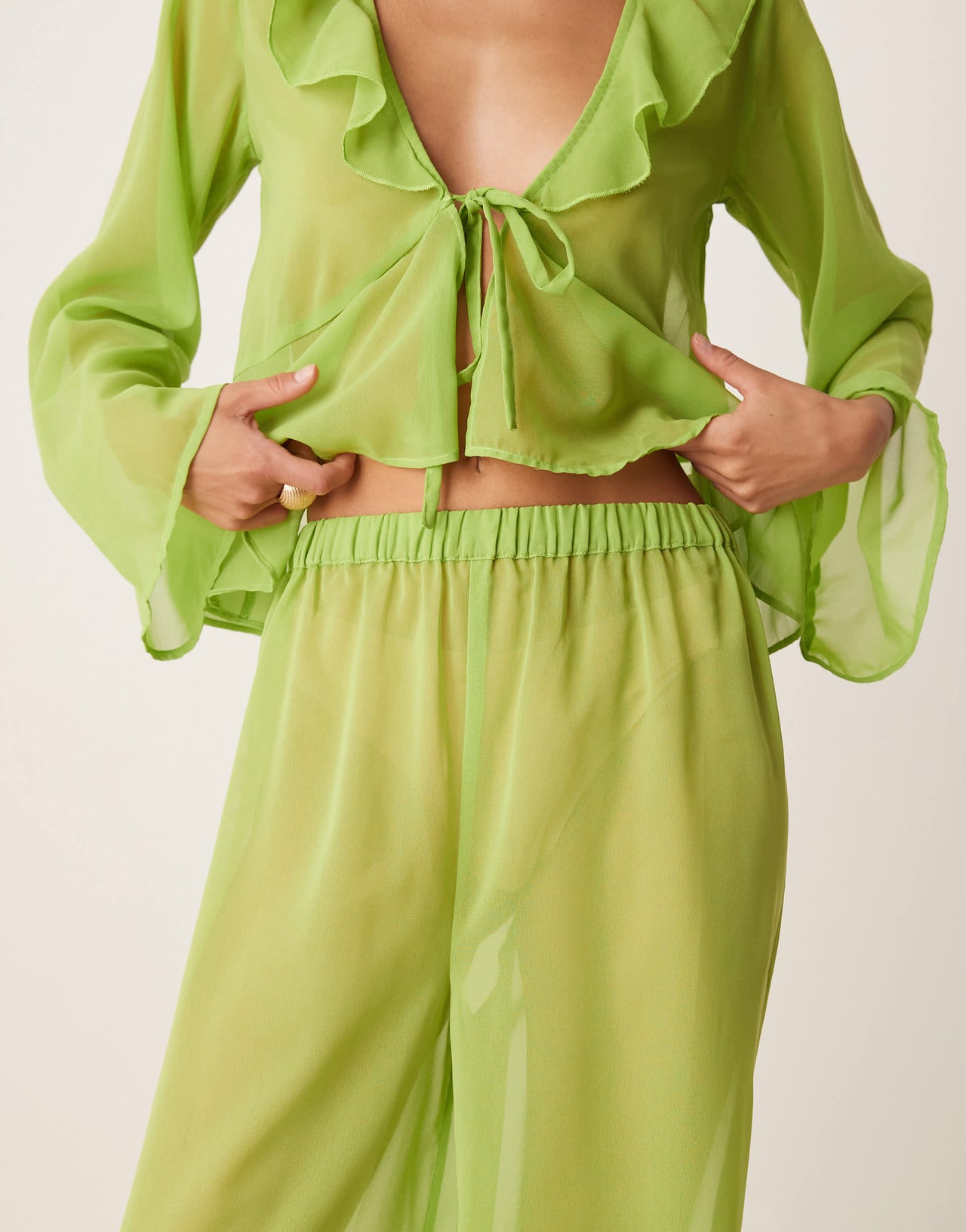 Esmee Exclusive mesh beach trouser co-ord in green