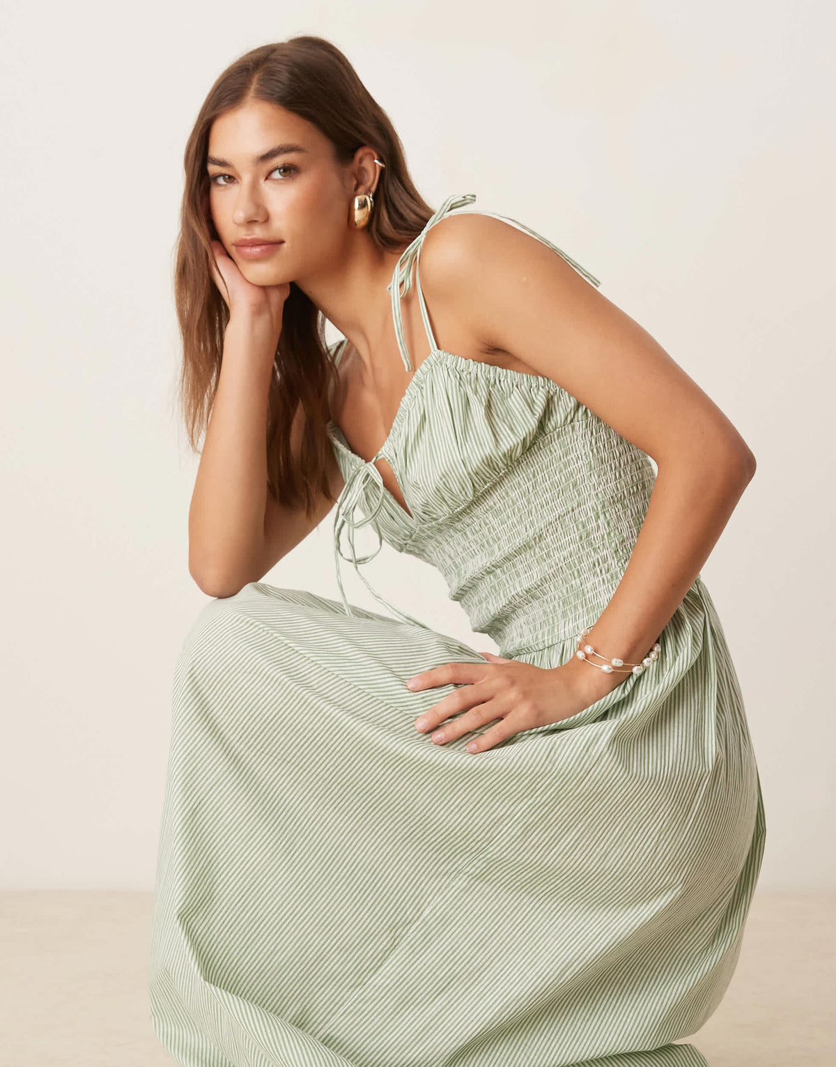 Esmee Exclusive shirred detail maxi beach dress in green stripe