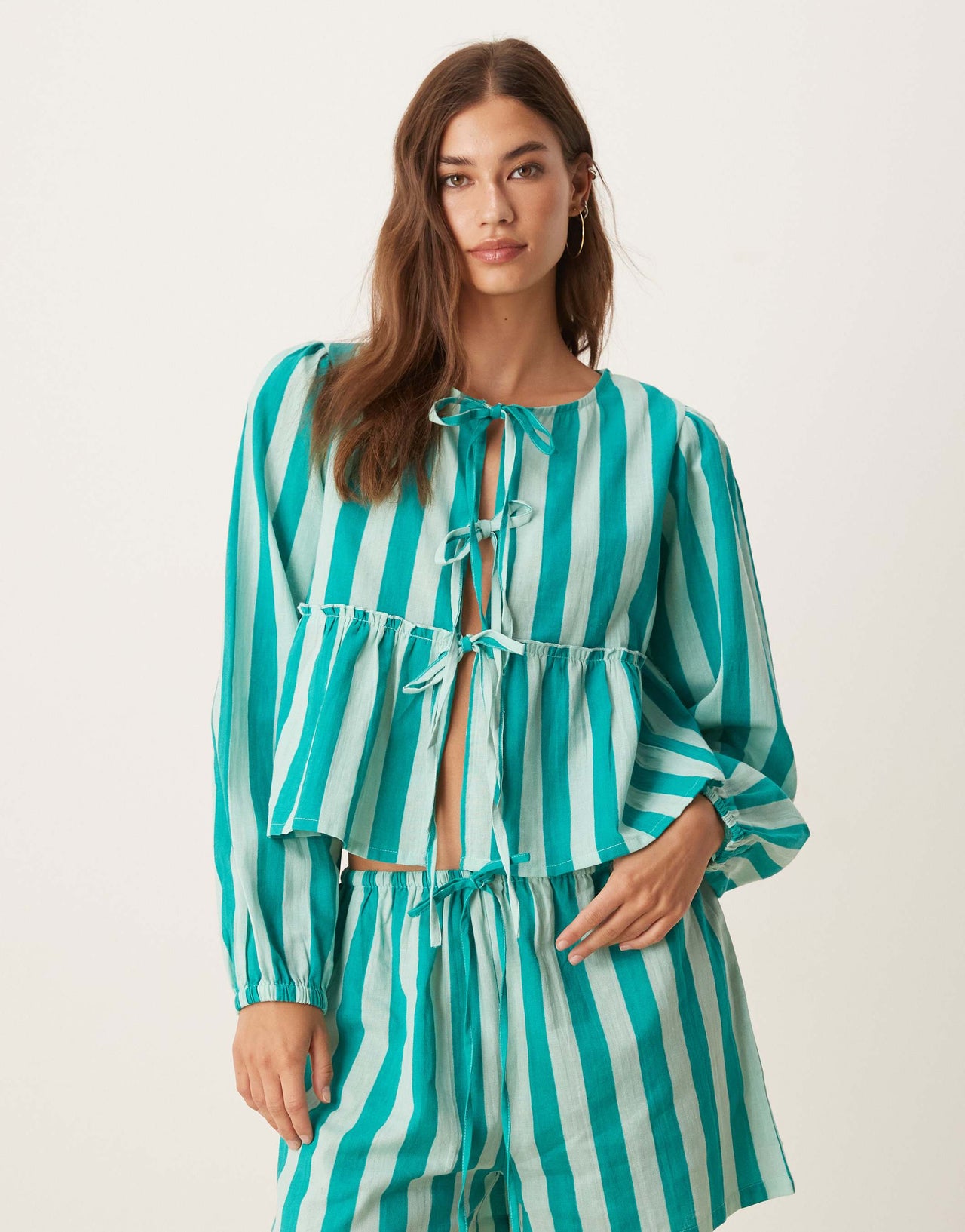 Esmee Exclusive tie front long sleeve beach top co-ord in green stripe