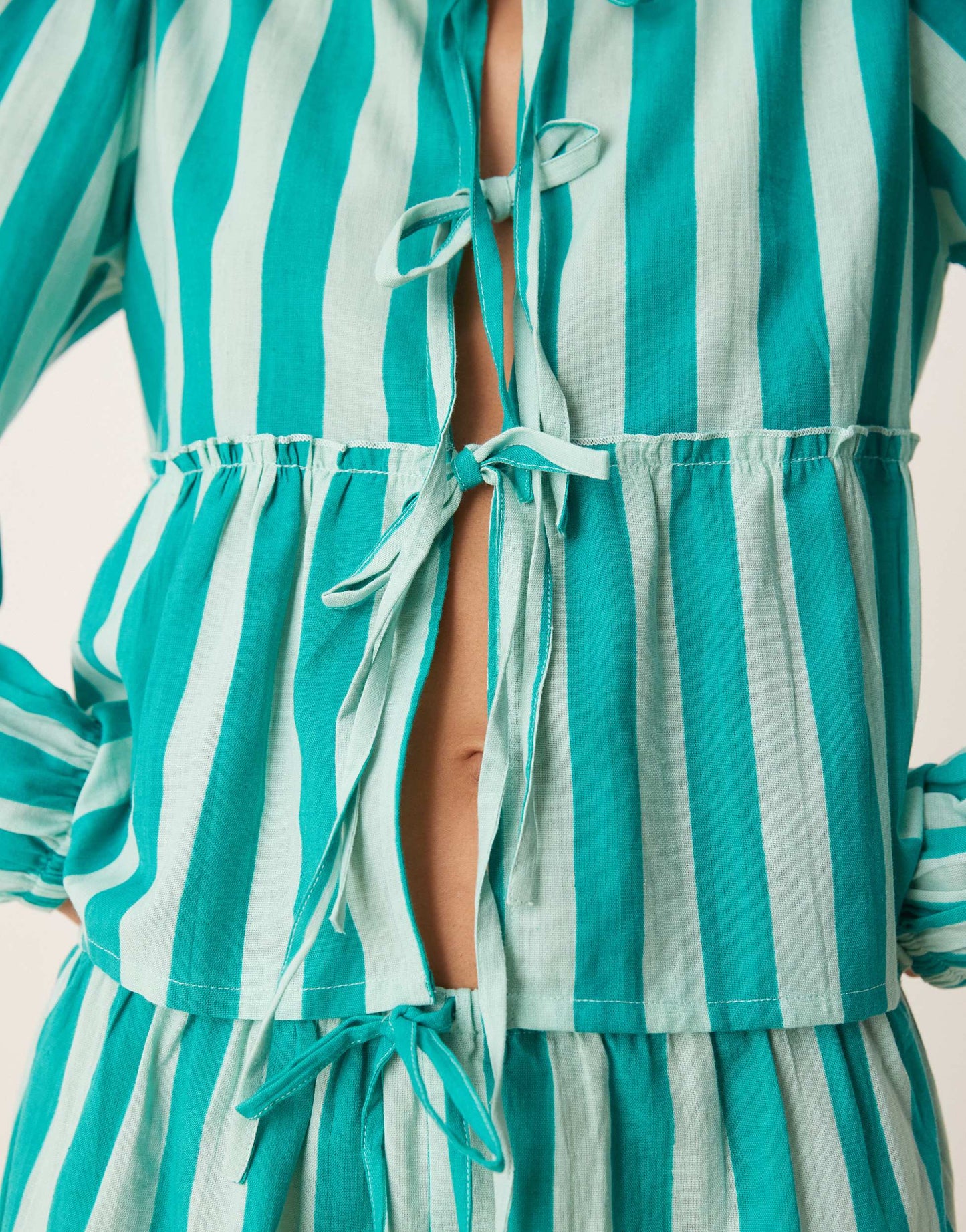 Esmee Exclusive tie front long sleeve beach top co-ord in green stripe